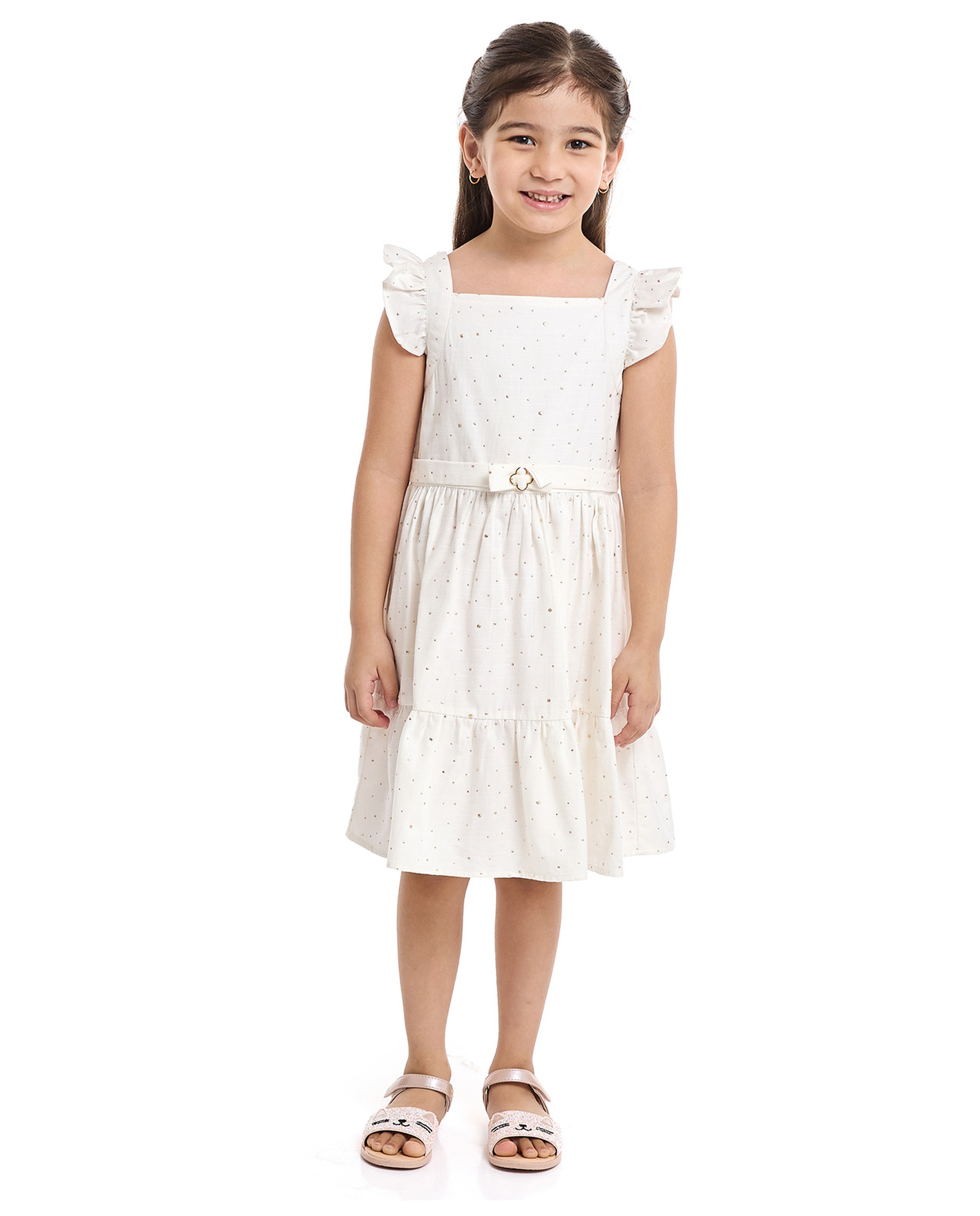 Embroidered Fit and Flare Dress with Flutter Sleeves