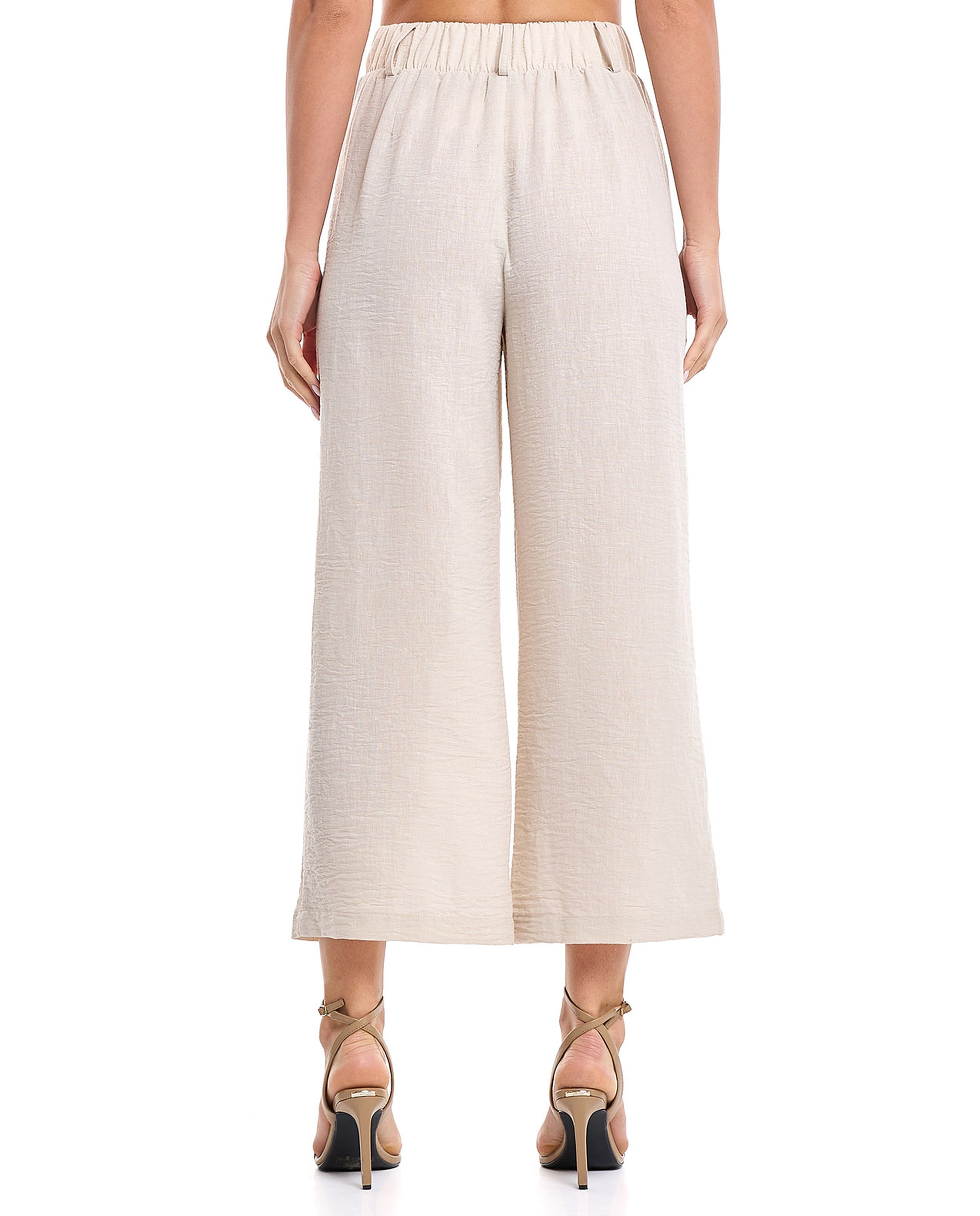 Crinkled Wide Leg Trousers with Button Closure