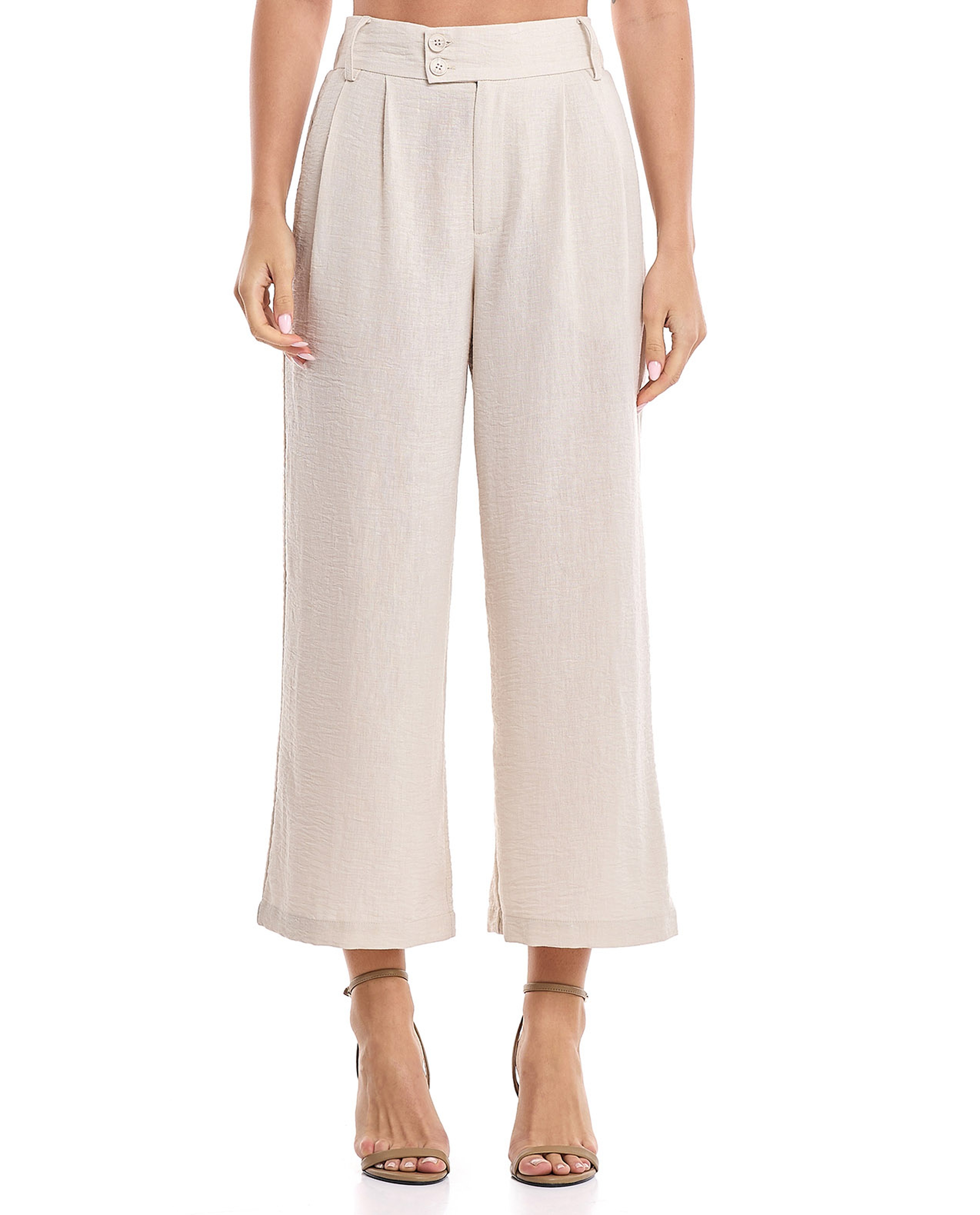 Crinkled Wide Leg Trousers with Button Closure