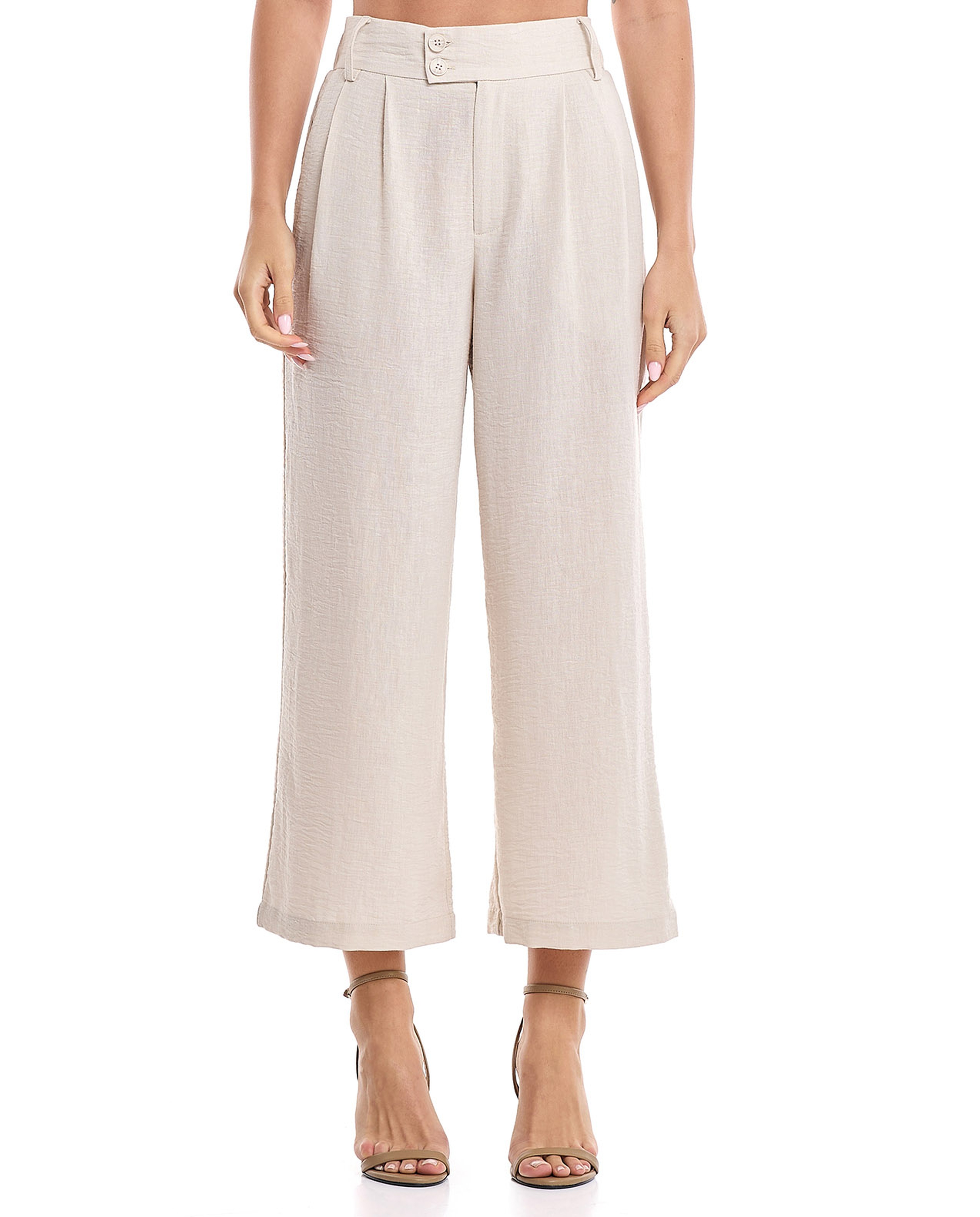 Crinkled Wide Leg Trousers with Button Closure