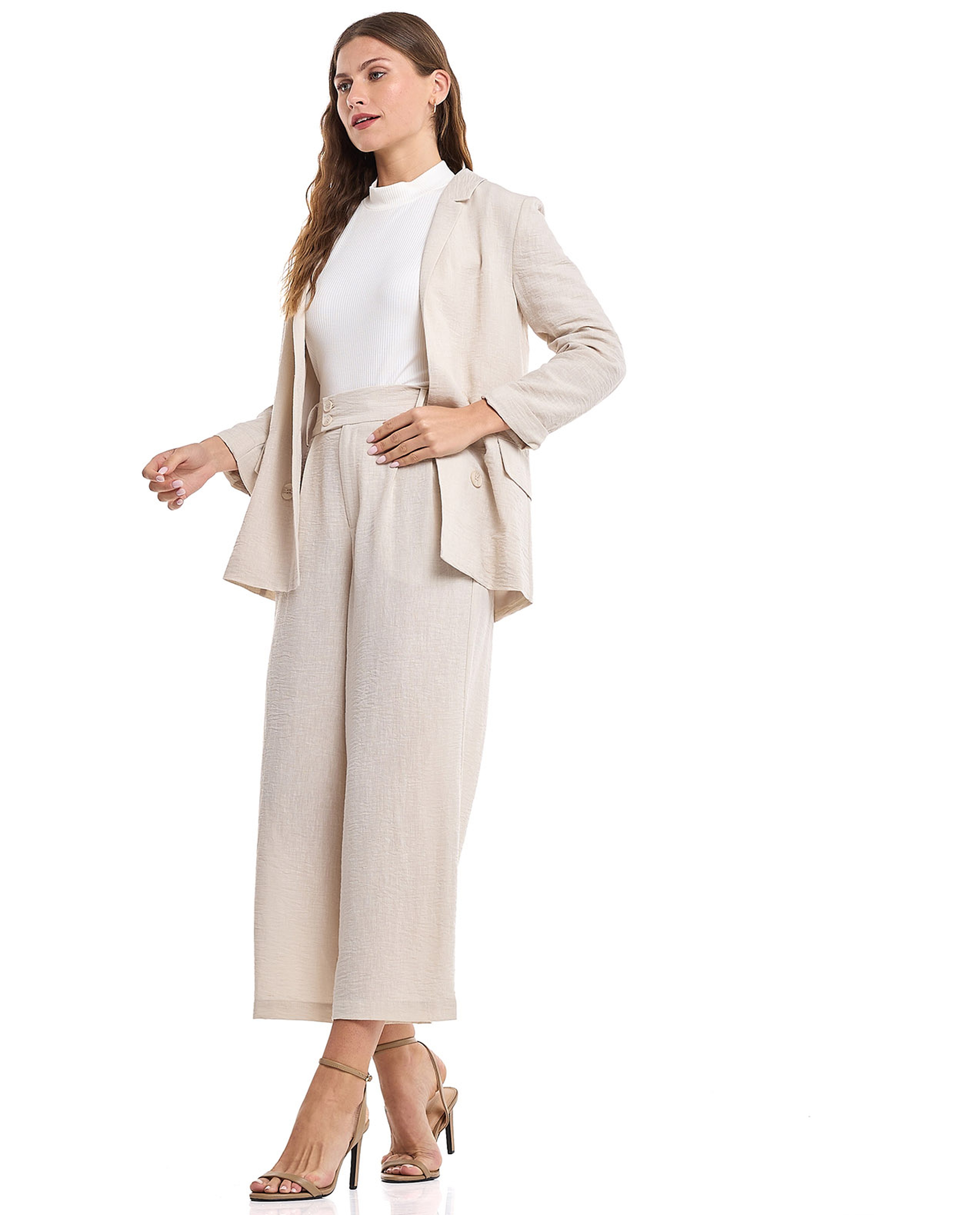 Crinkled Wide Leg Trousers with Button Closure