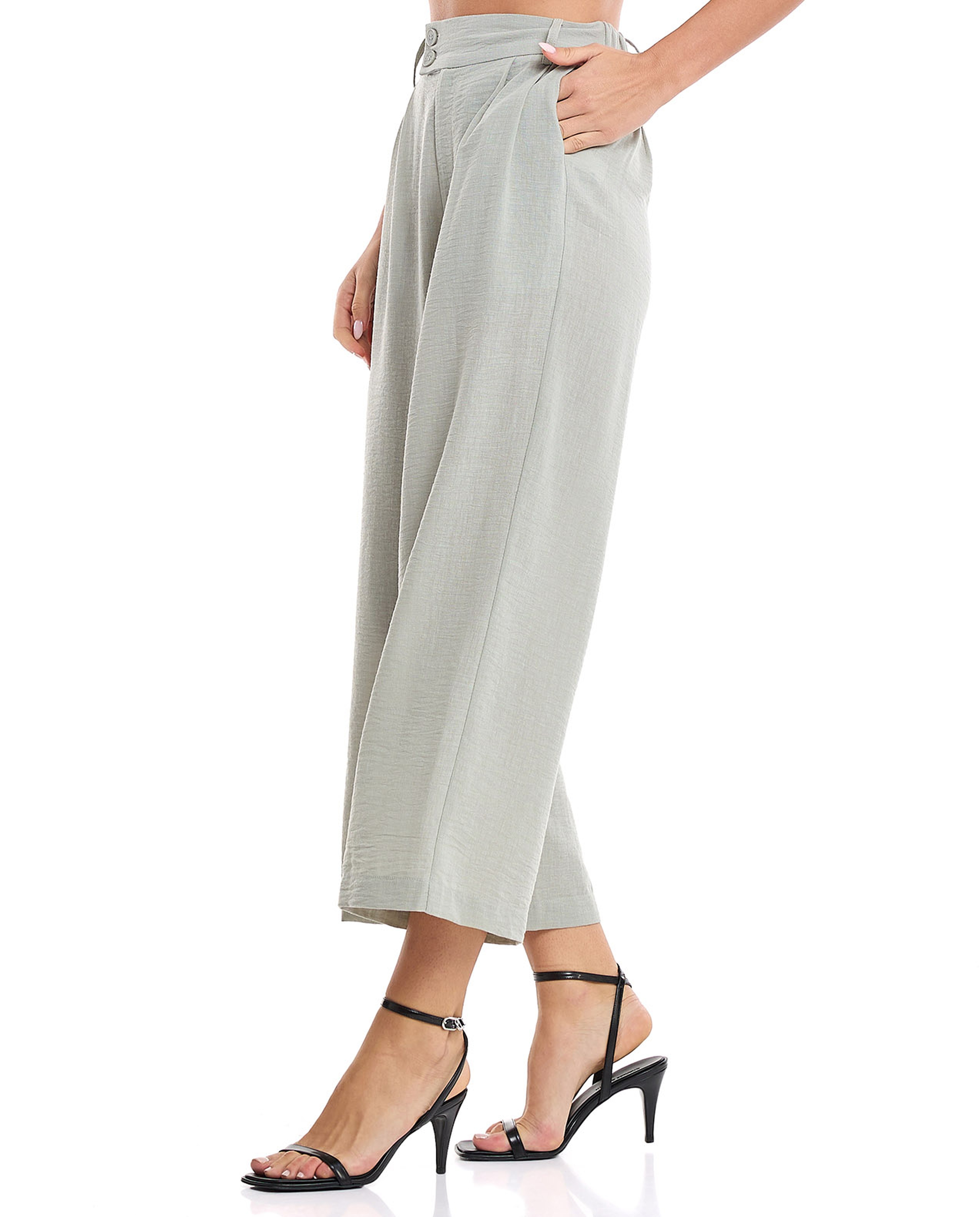 Crinkled Wide Leg Trousers with Button Closure
