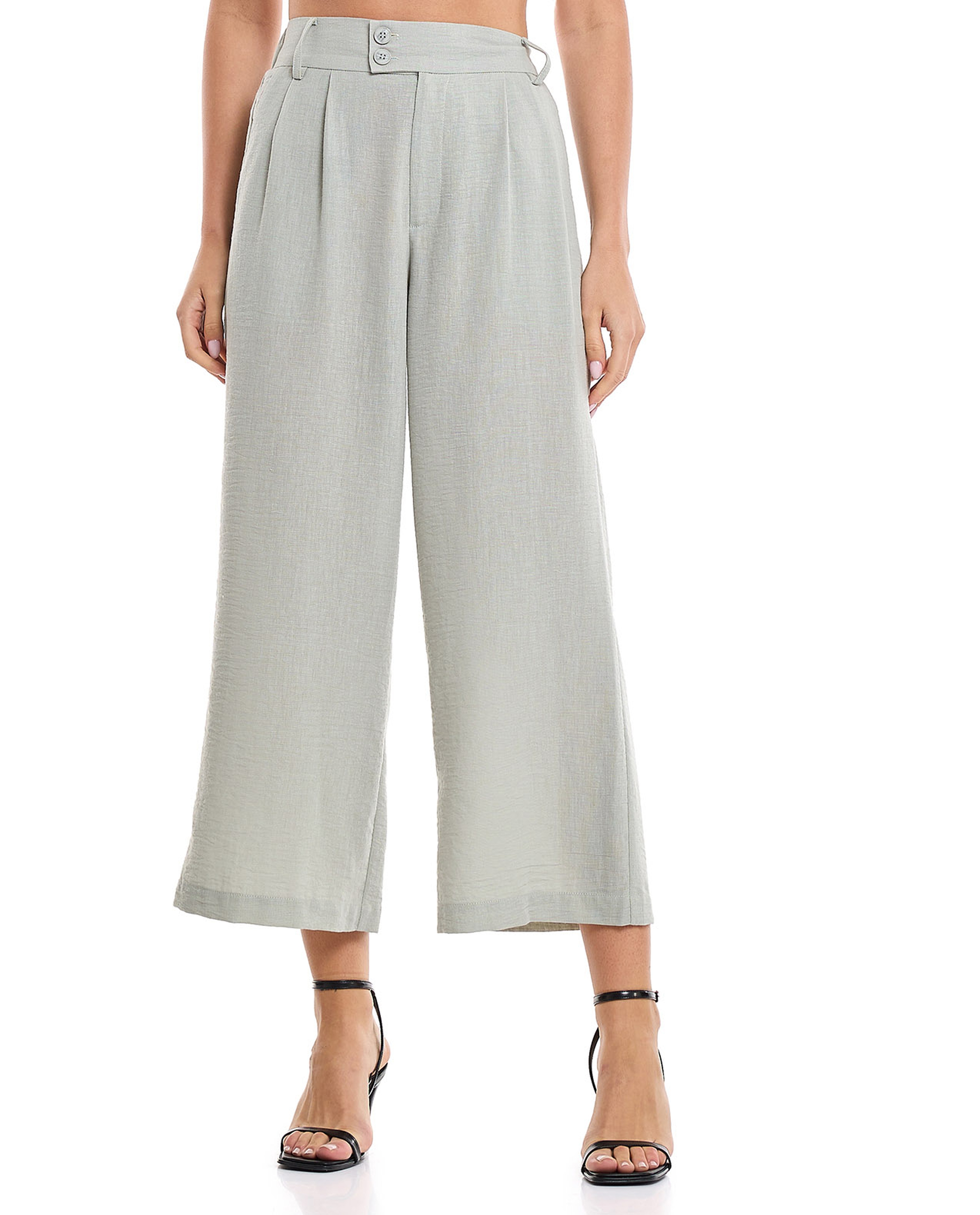 Crinkled Wide Leg Trousers with Button Closure