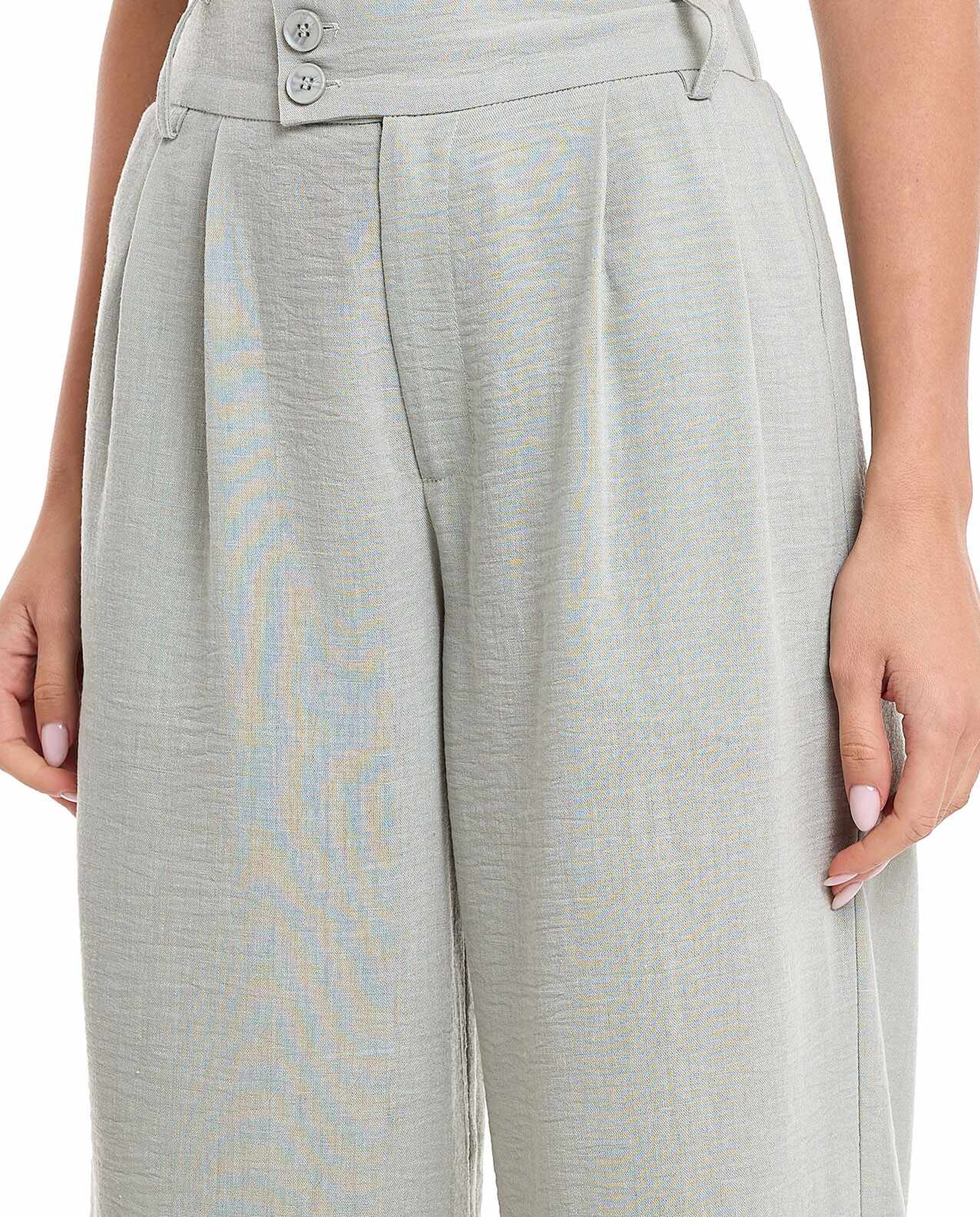 Crinkled Wide Leg Trousers with Button Closure