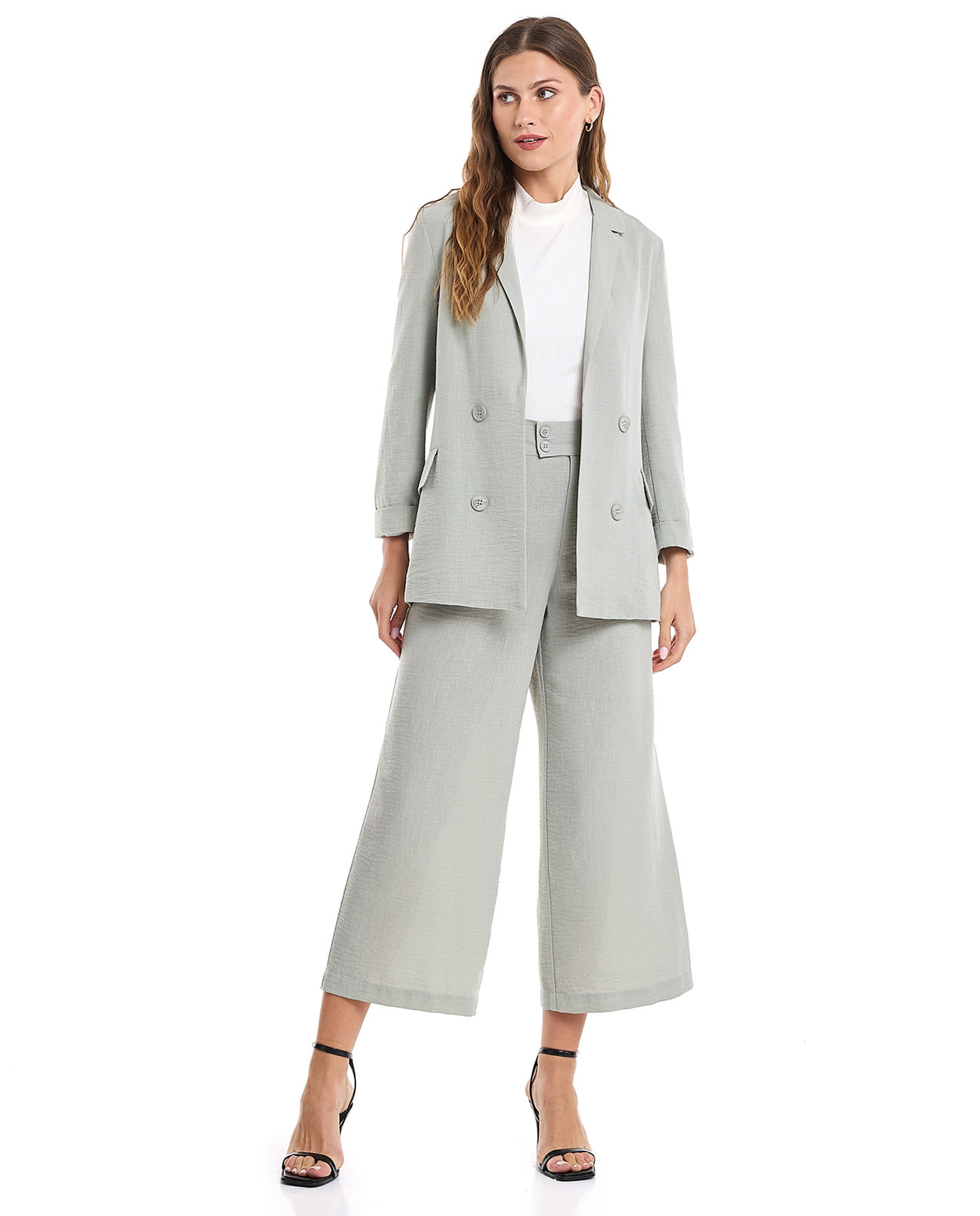 Crinkled Wide Leg Trousers with Button Closure