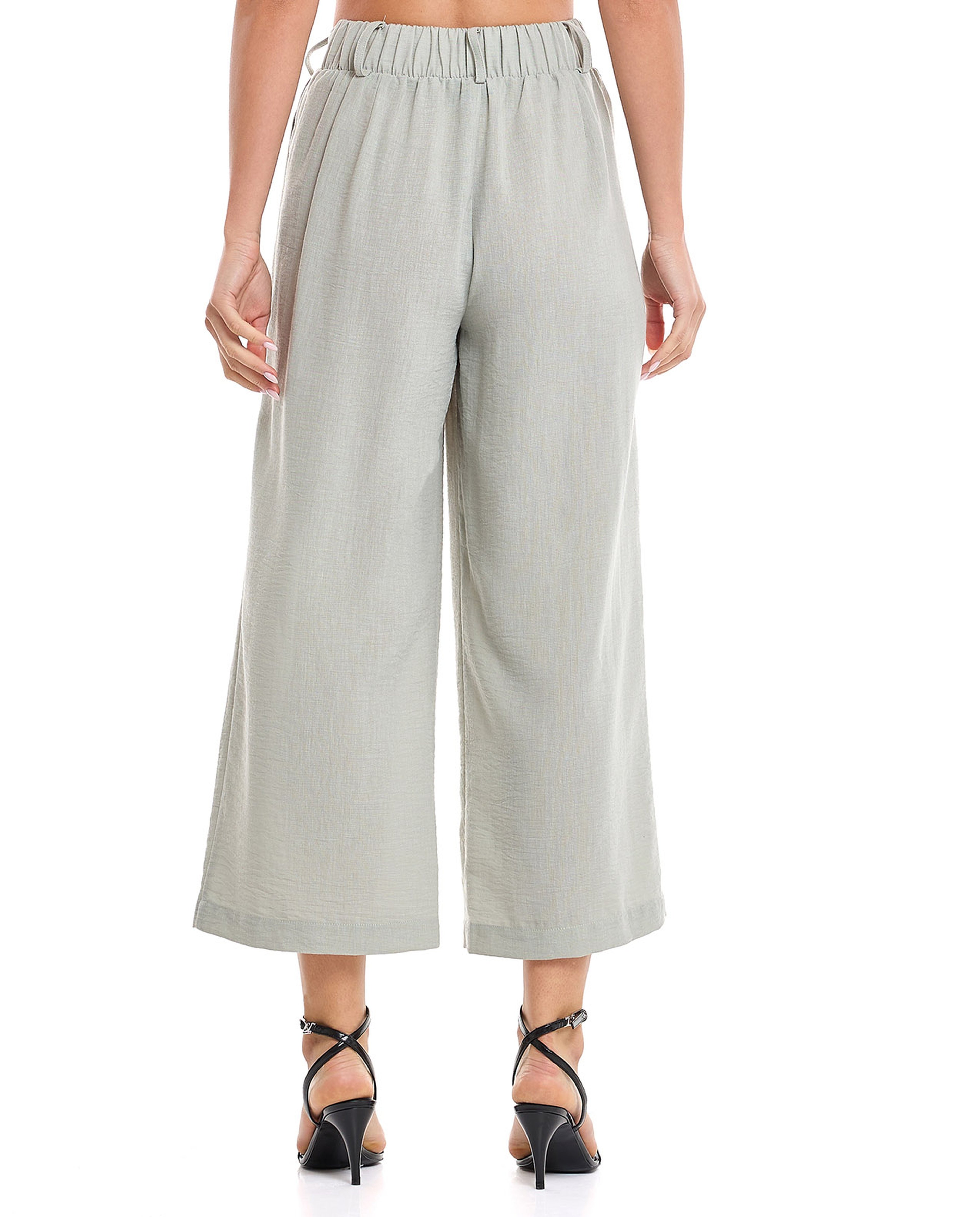 Crinkled Wide Leg Trousers with Button Closure