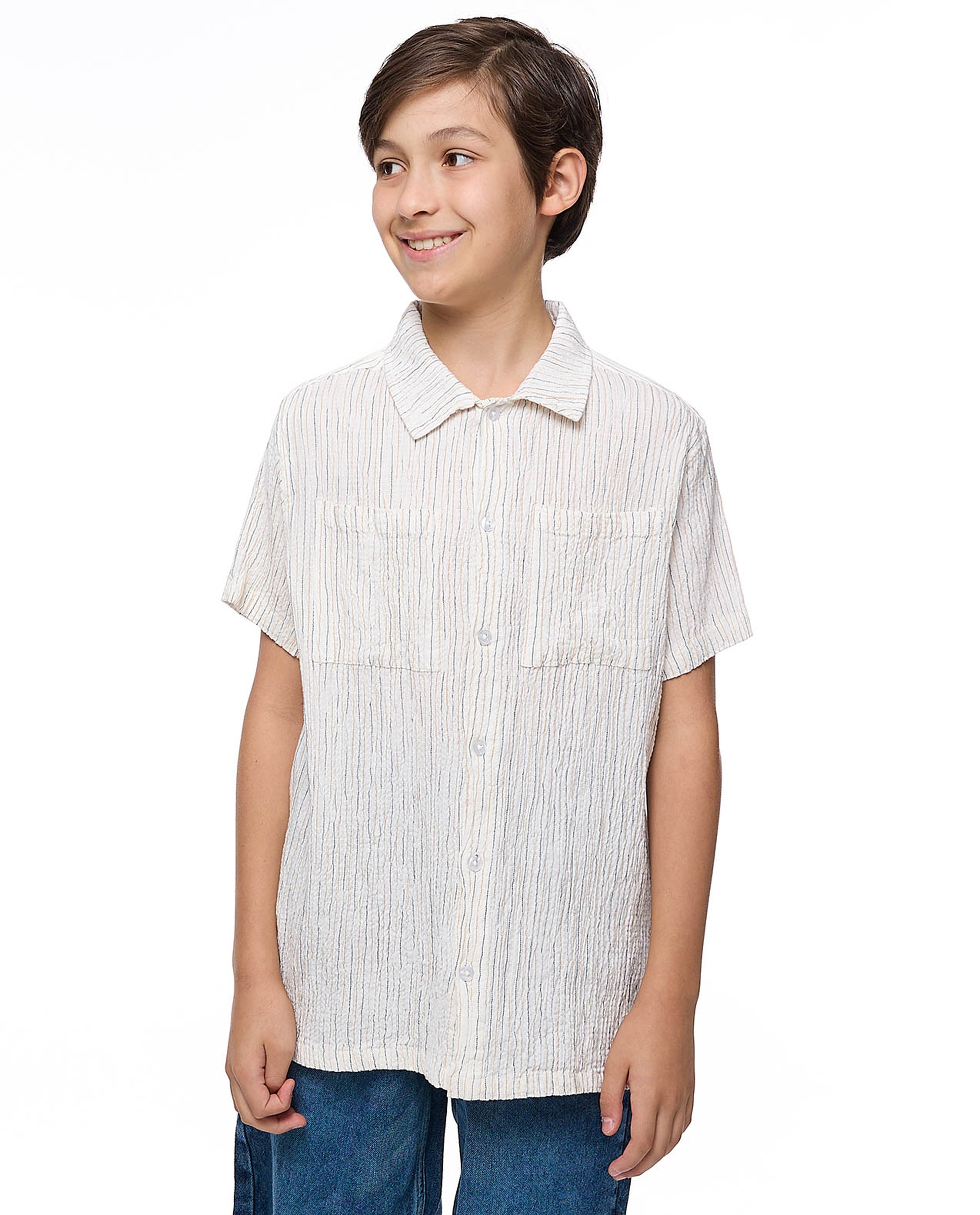 Textured Shirt with Classic Collar and Short Sleeves