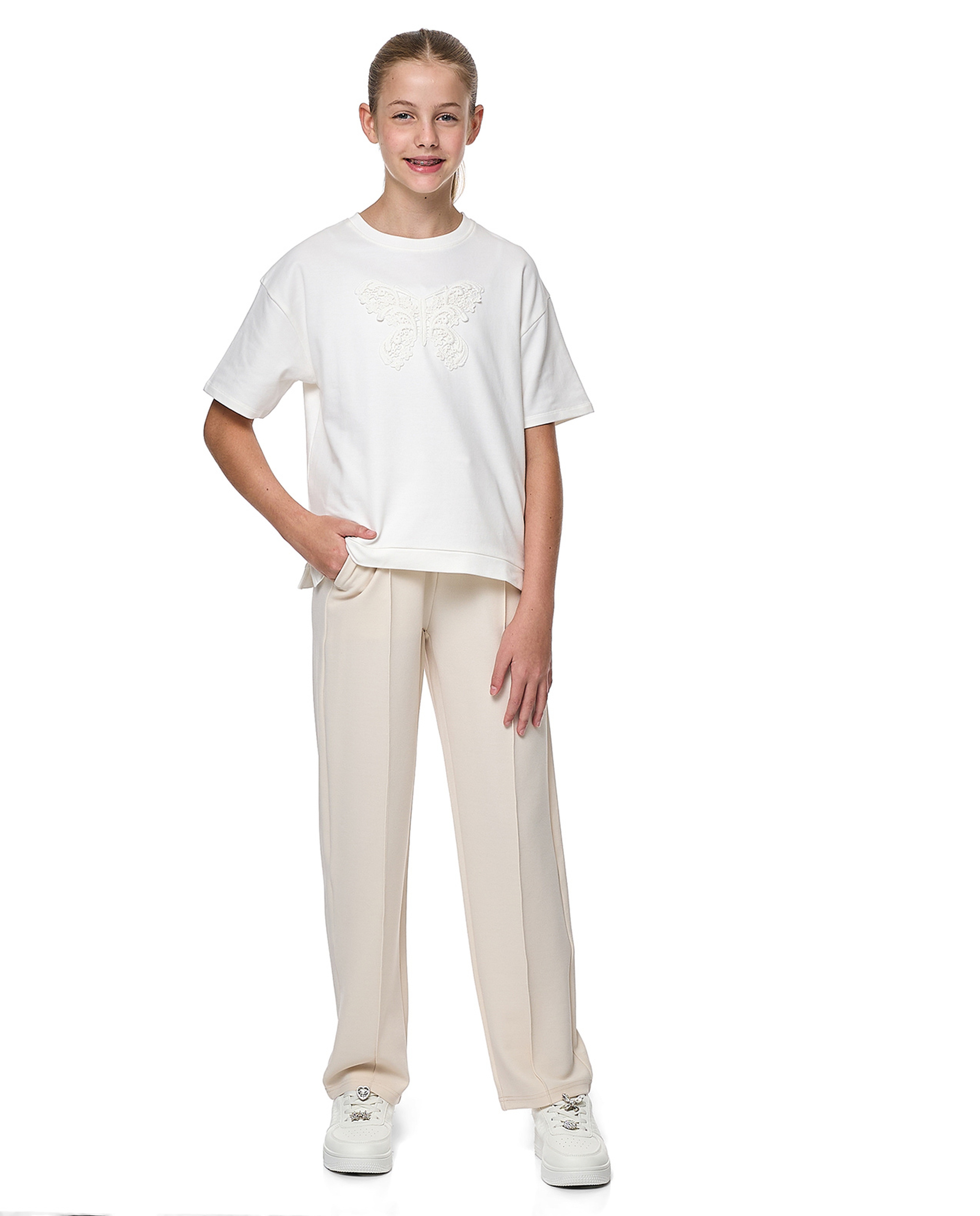 Lace Detail T-Shirt with Crew Neck and Short Sleeves