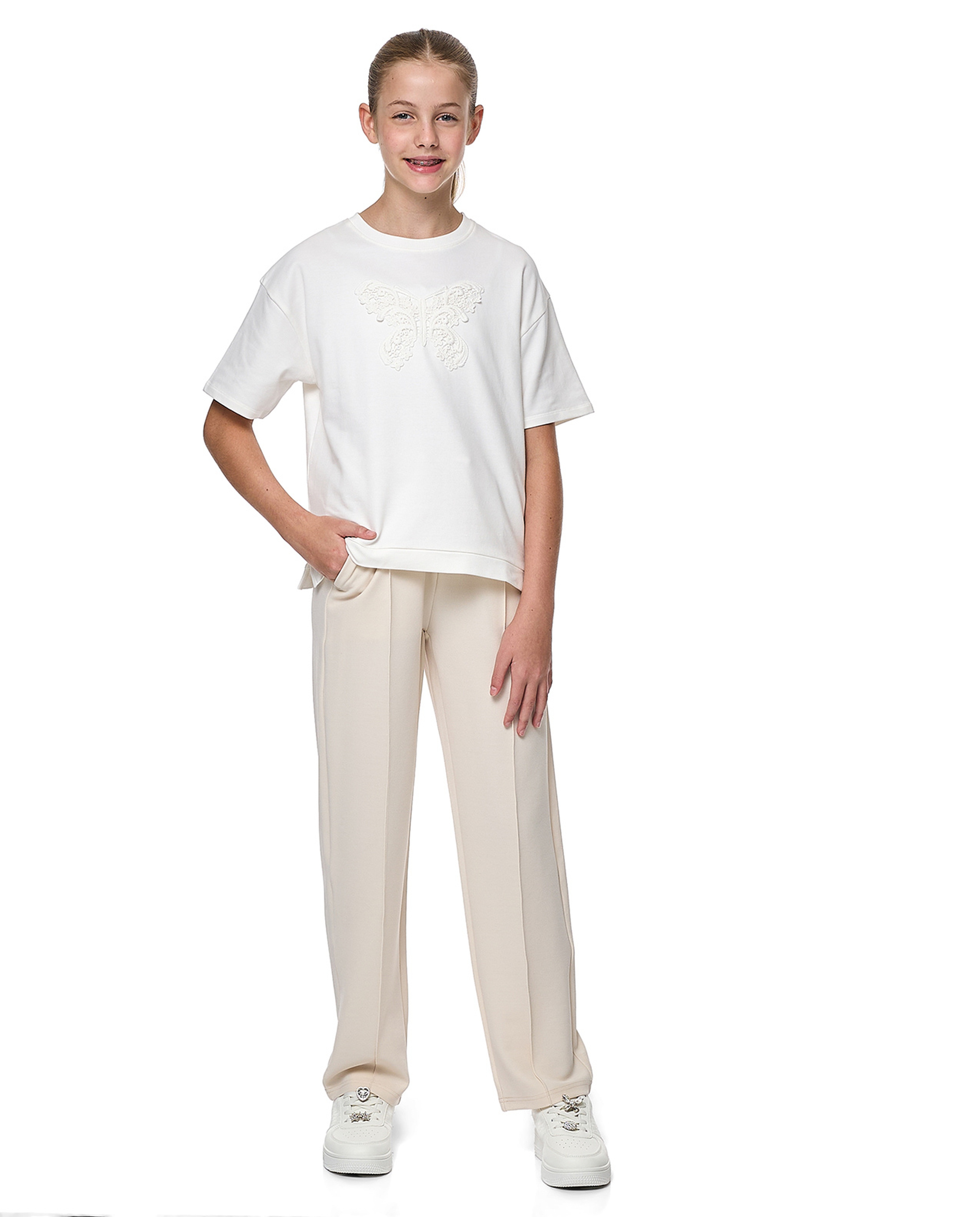 Lace Detail T-Shirt with Crew Neck and Short Sleeves