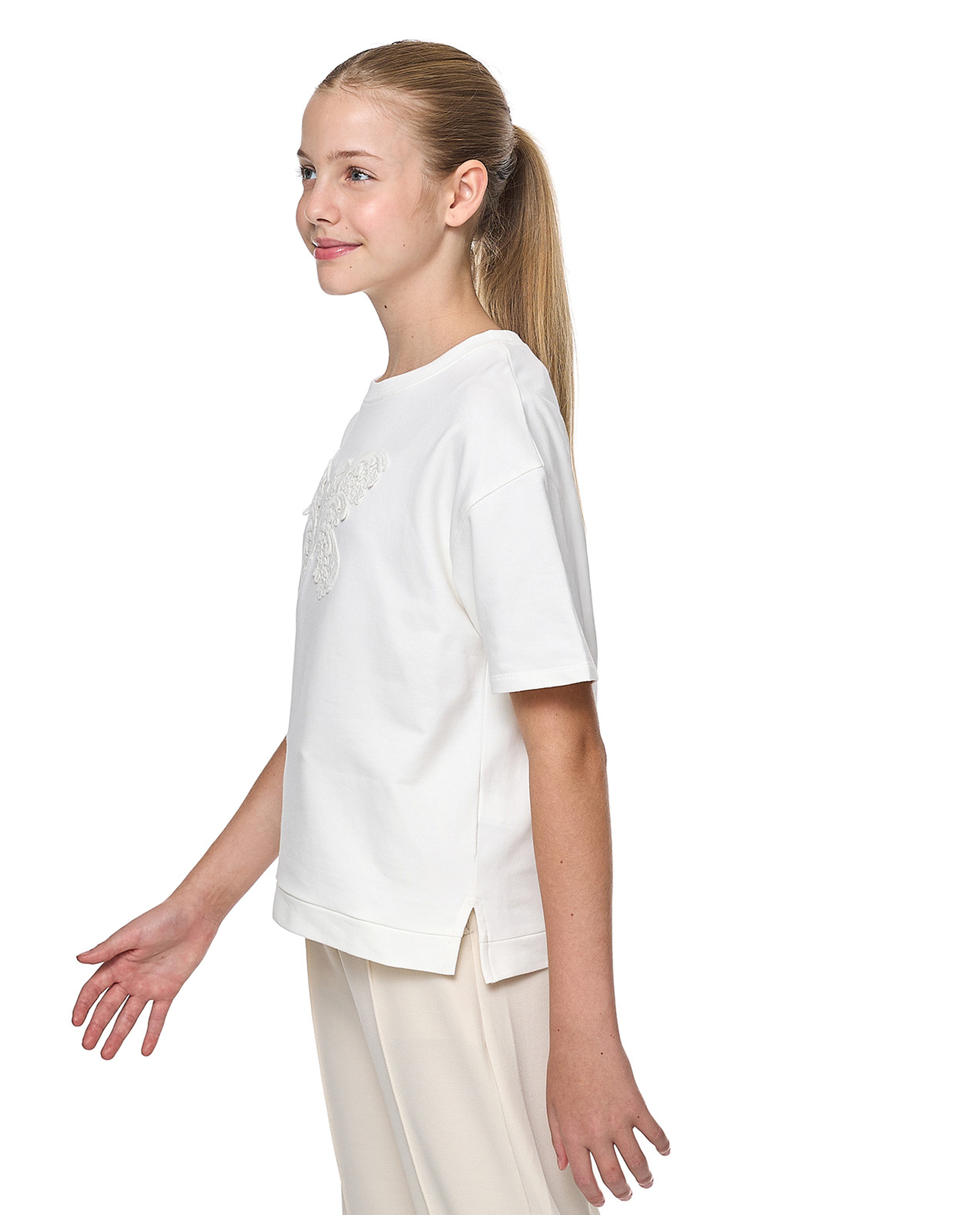 Lace Detail T-Shirt with Crew Neck and Short Sleeves