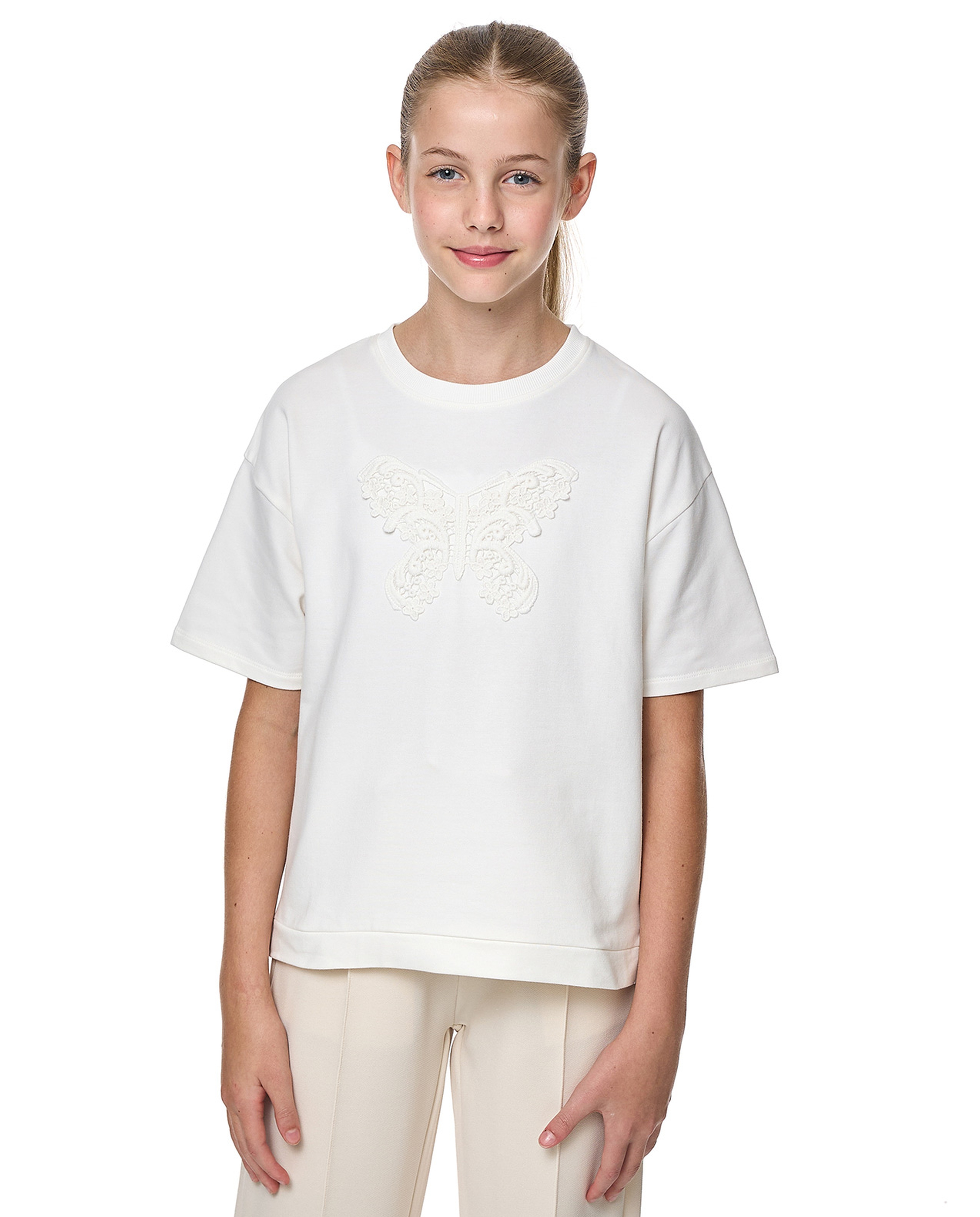Lace Detail T-Shirt with Crew Neck and Short Sleeves