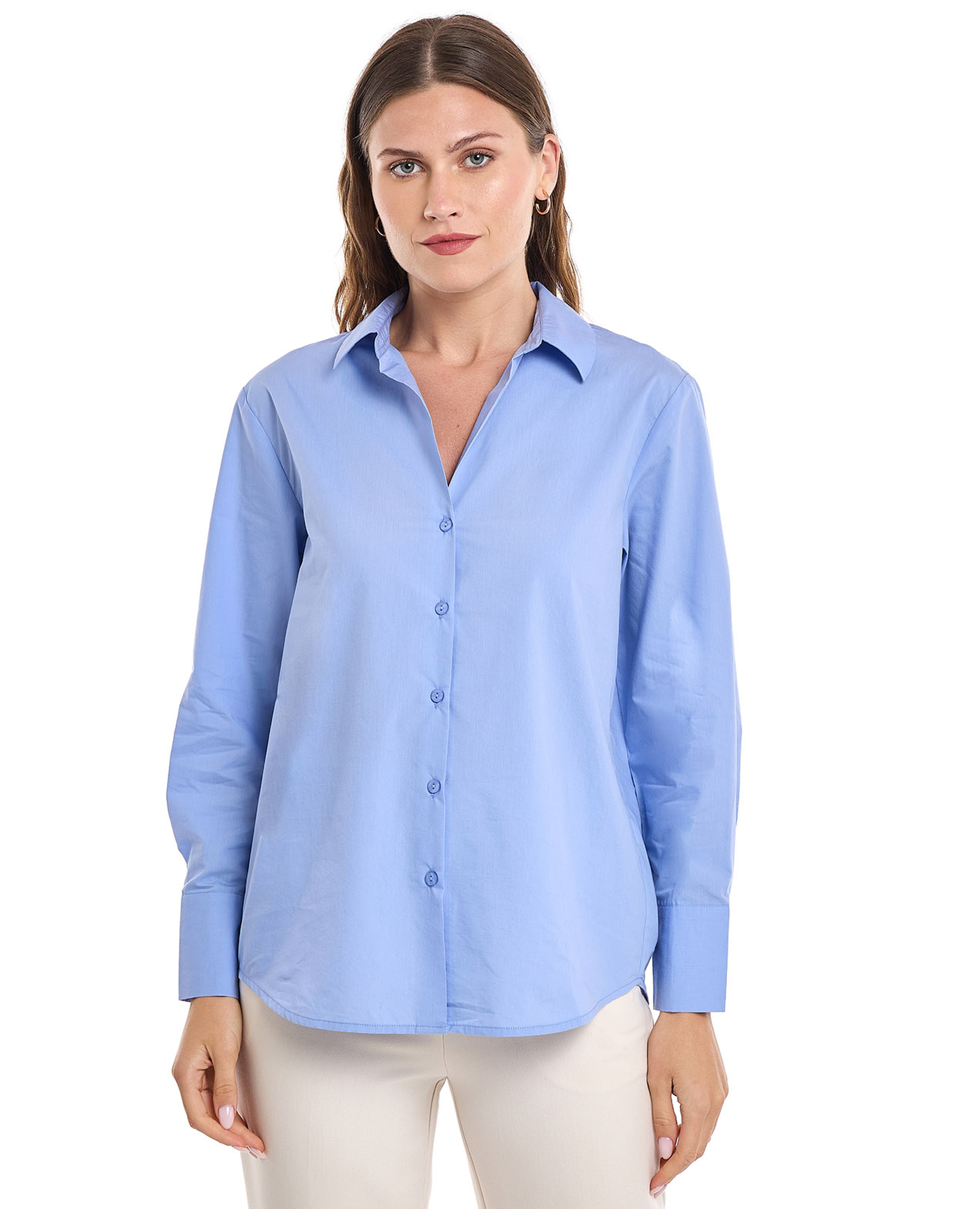 قميص سادة بياقة كلاسيكية وأكمام طويلة