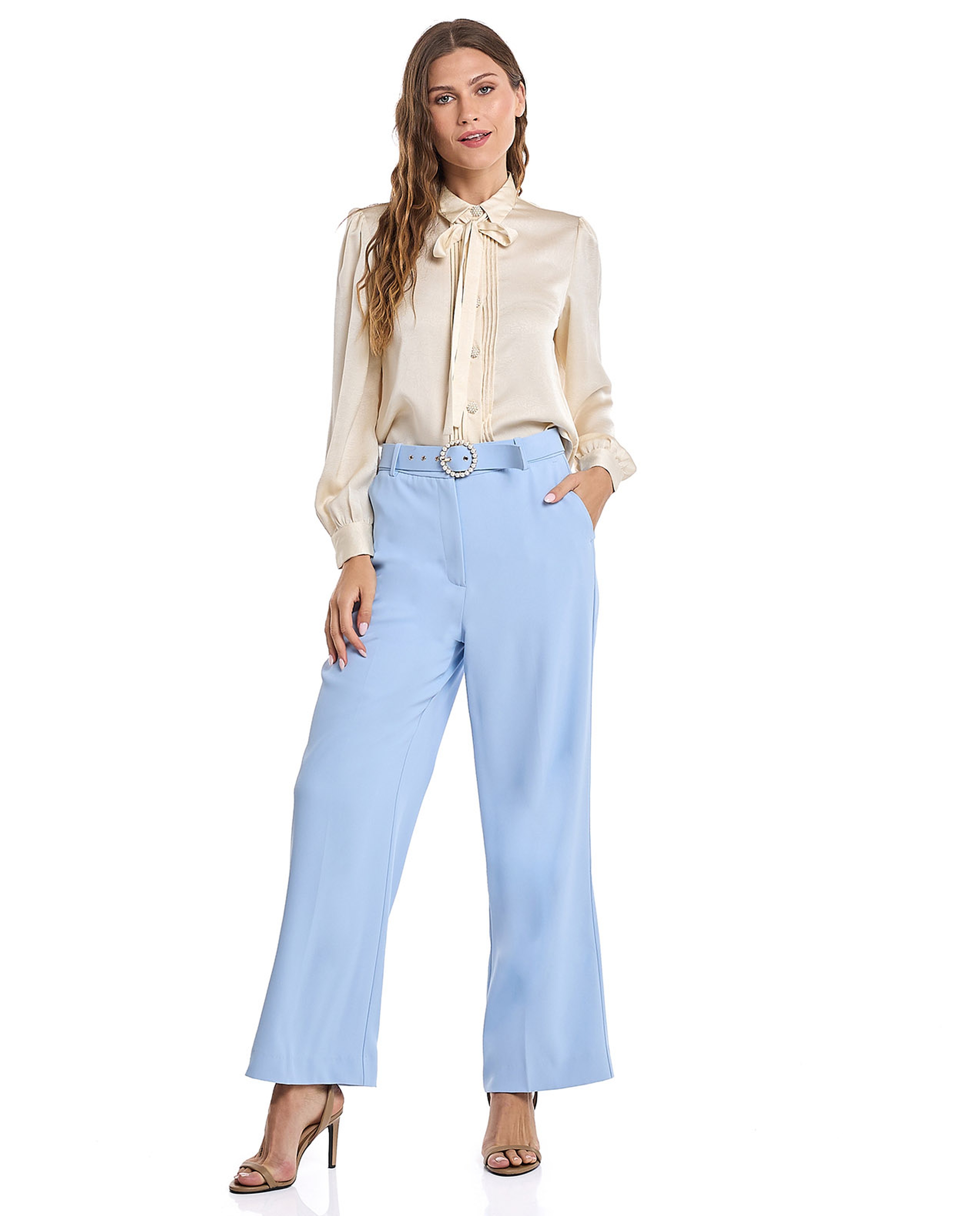 Solid Shirt with Spread Collar and Bishop Sleeves