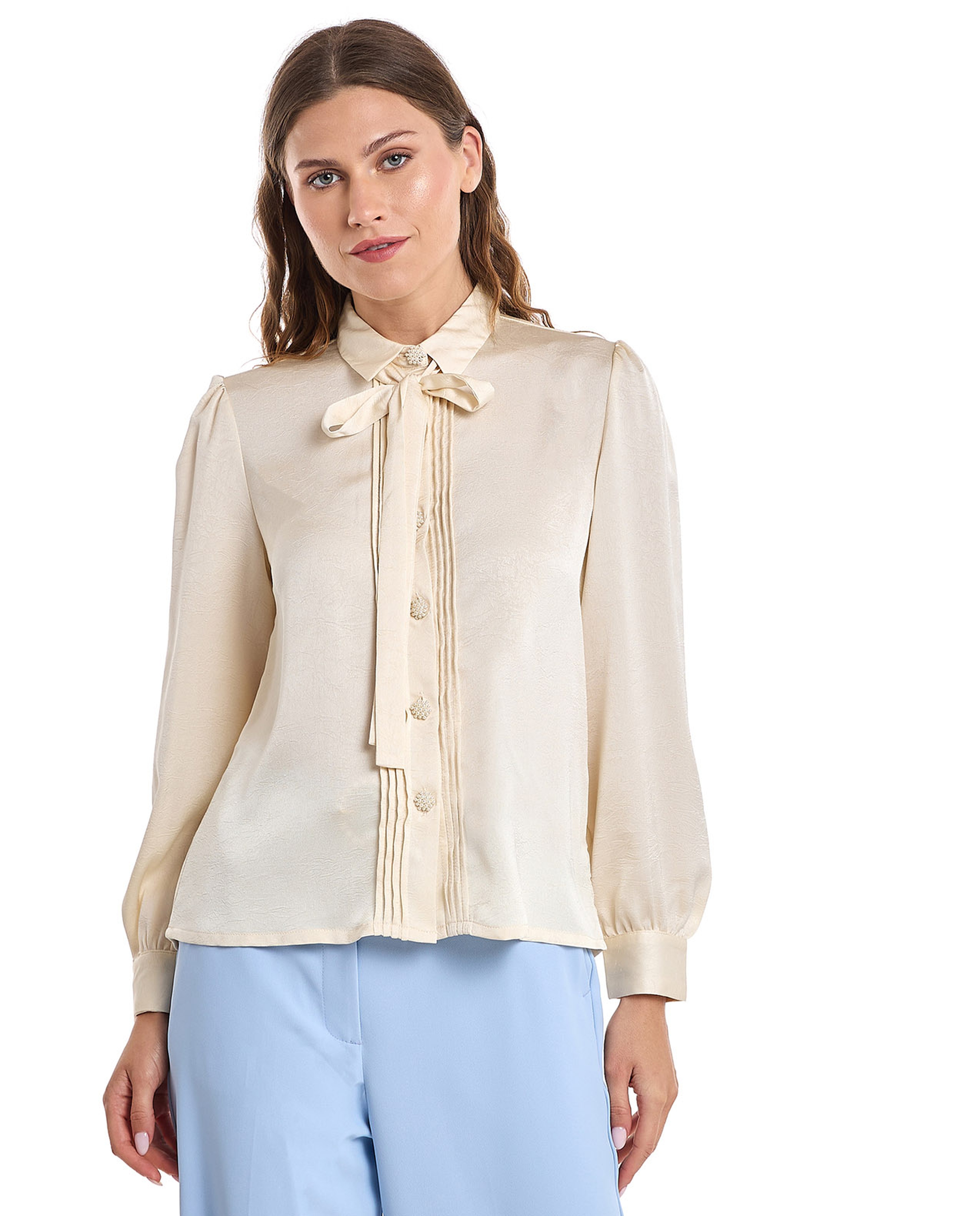Solid Shirt with Spread Collar and Bishop Sleeves