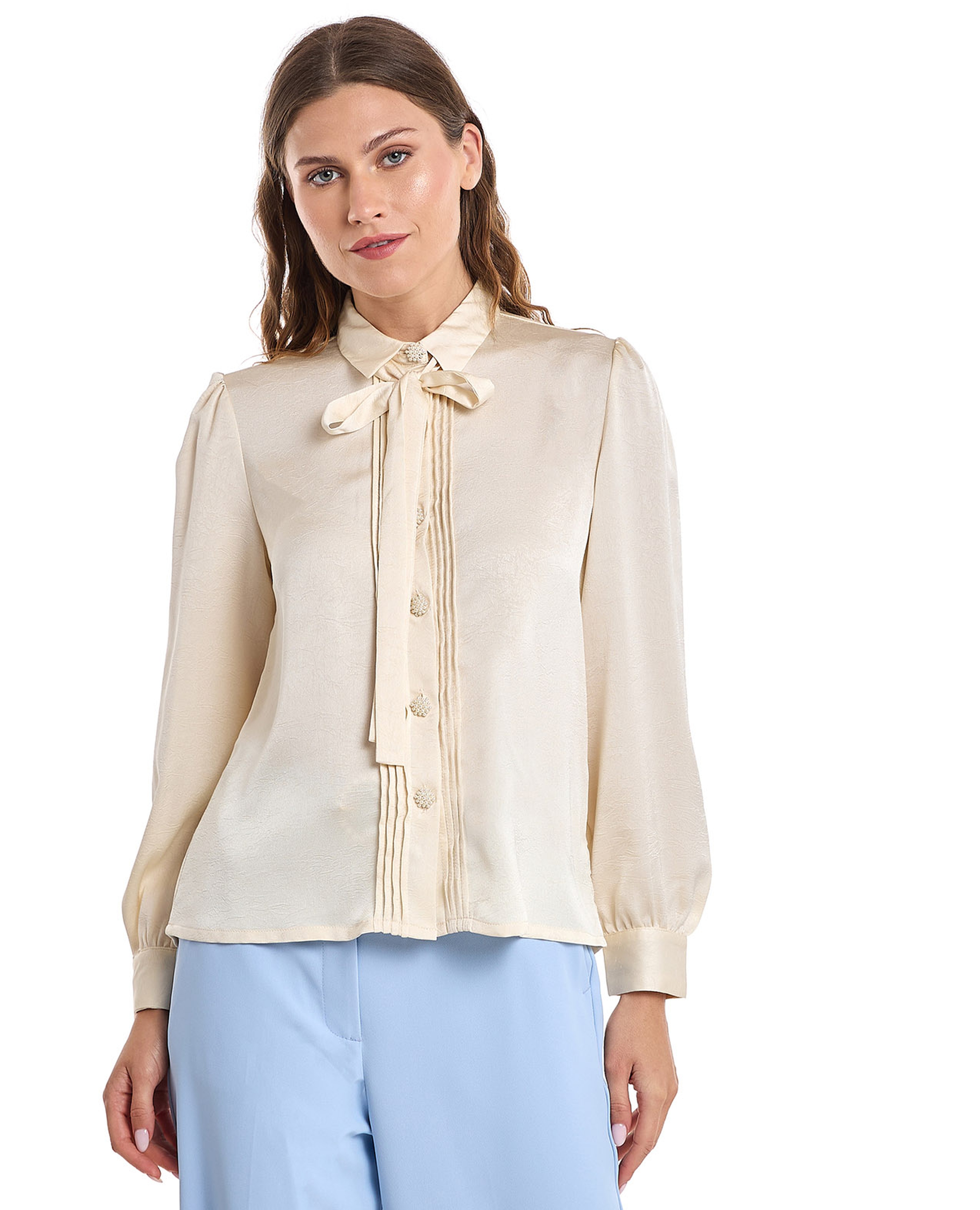 Solid Shirt with Spread Collar and Bishop Sleeves