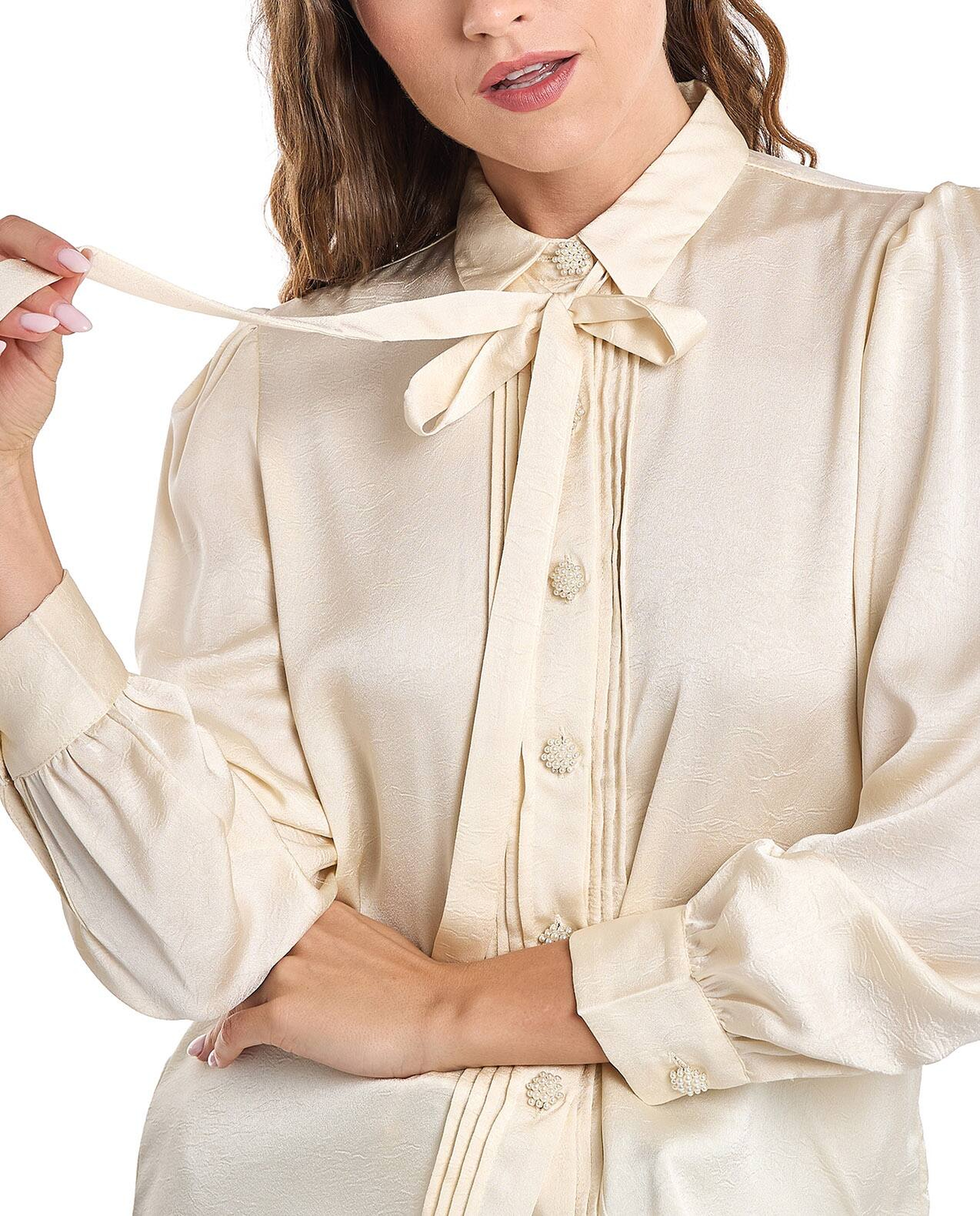 Solid Shirt with Spread Collar and Bishop Sleeves