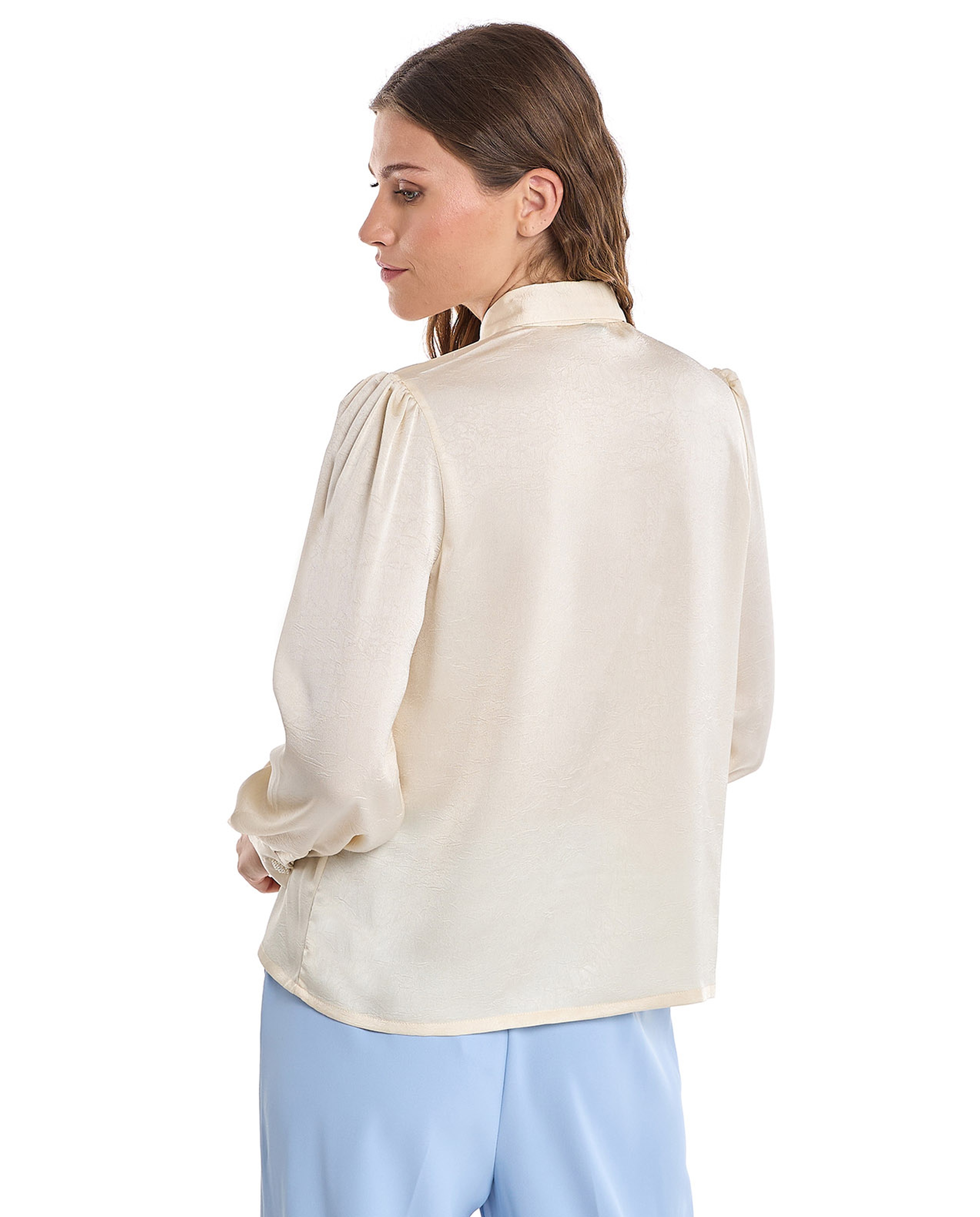 Solid Shirt with Spread Collar and Bishop Sleeves