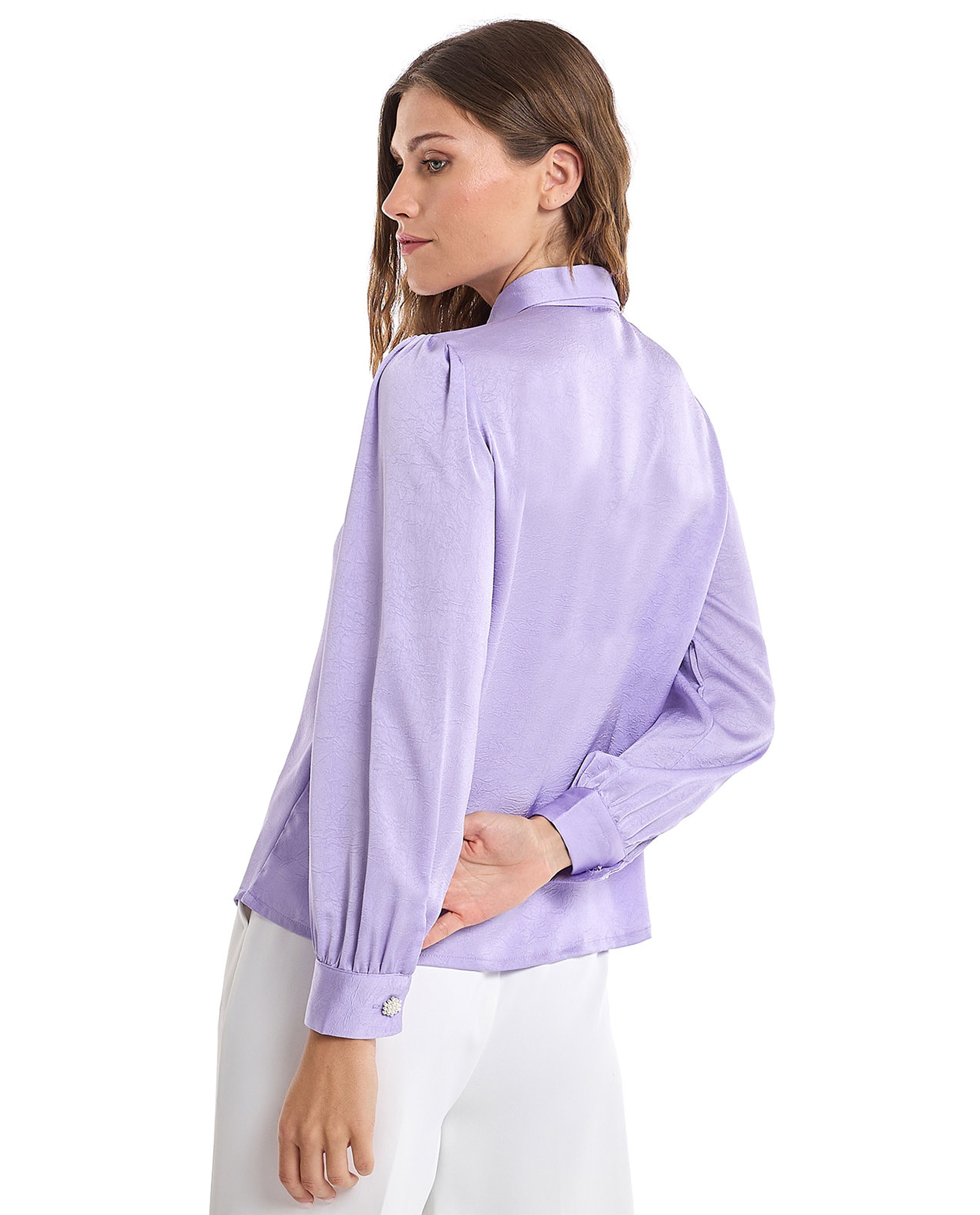 Solid Shirt with Spread Collar and Bishop Sleeves