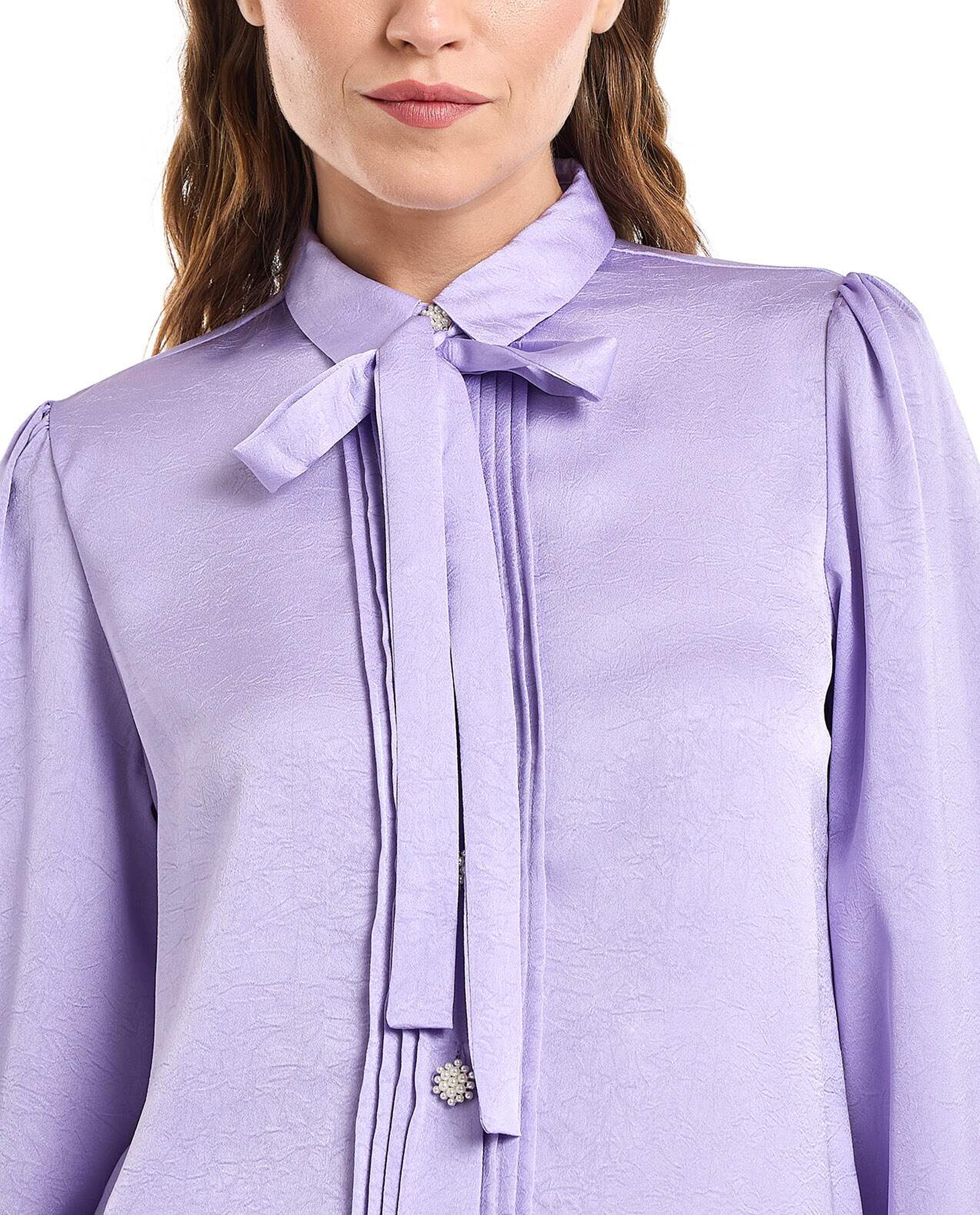 Solid Shirt with Spread Collar and Bishop Sleeves