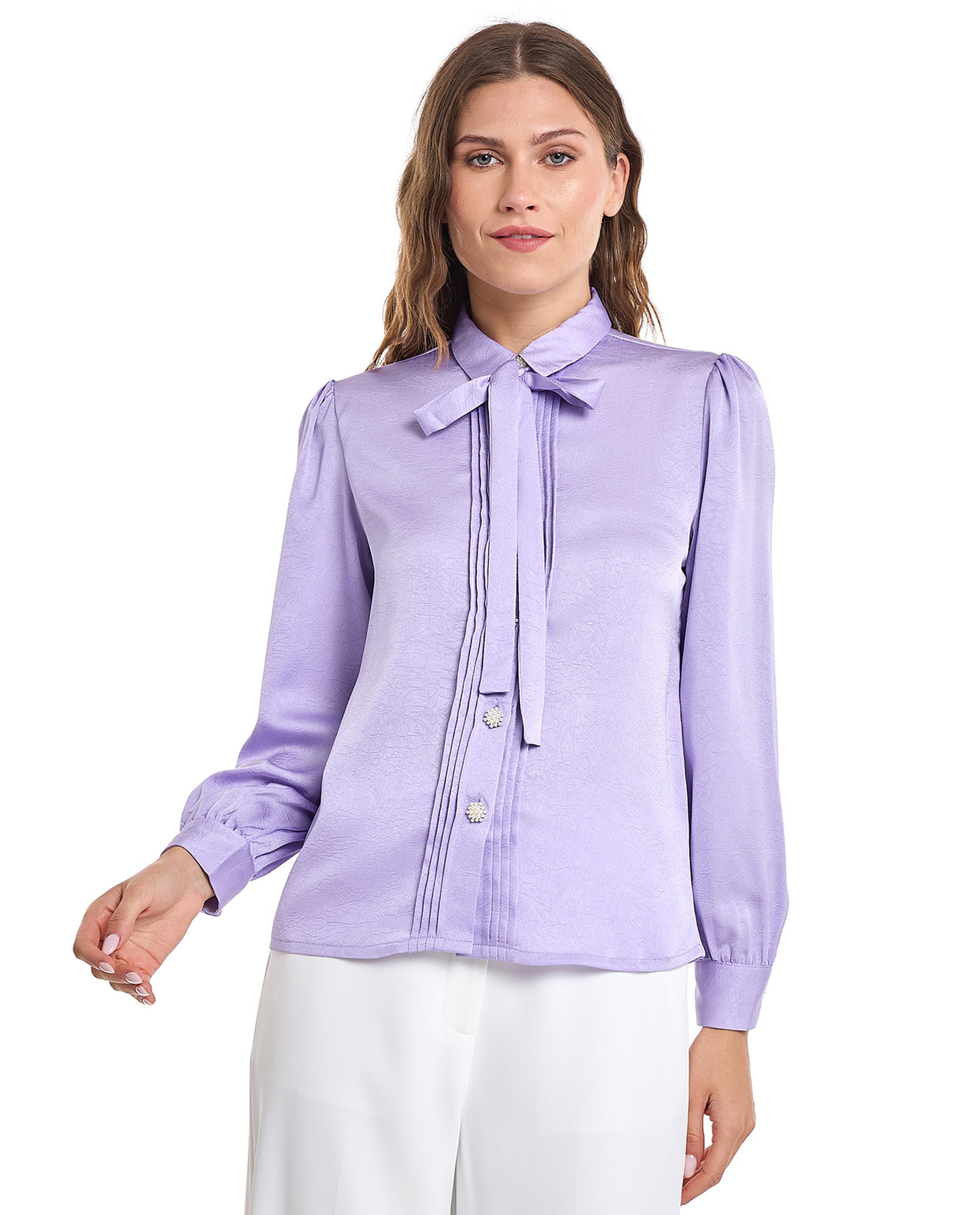 Solid Shirt with Spread Collar and Bishop Sleeves
