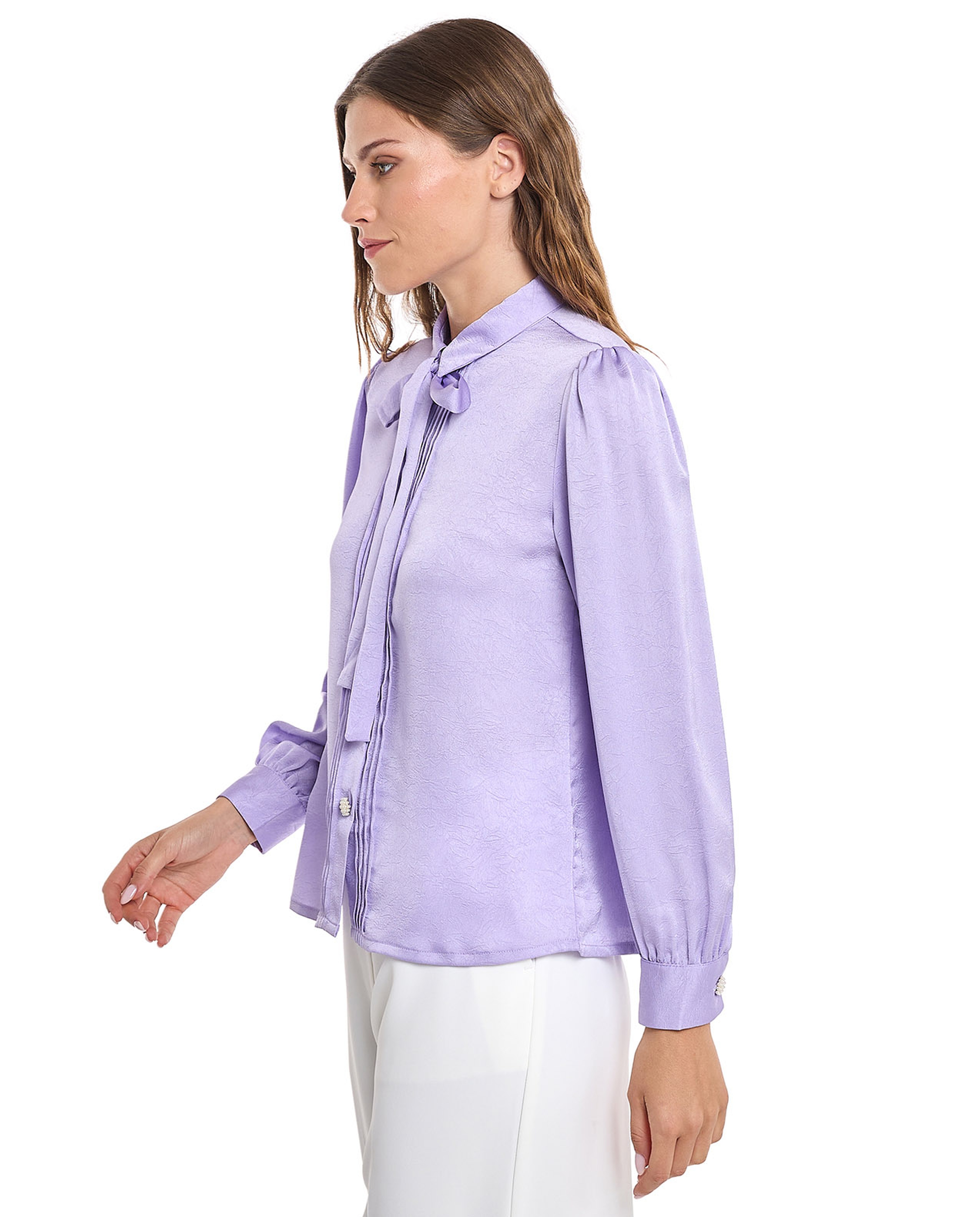 Solid Shirt with Spread Collar and Bishop Sleeves