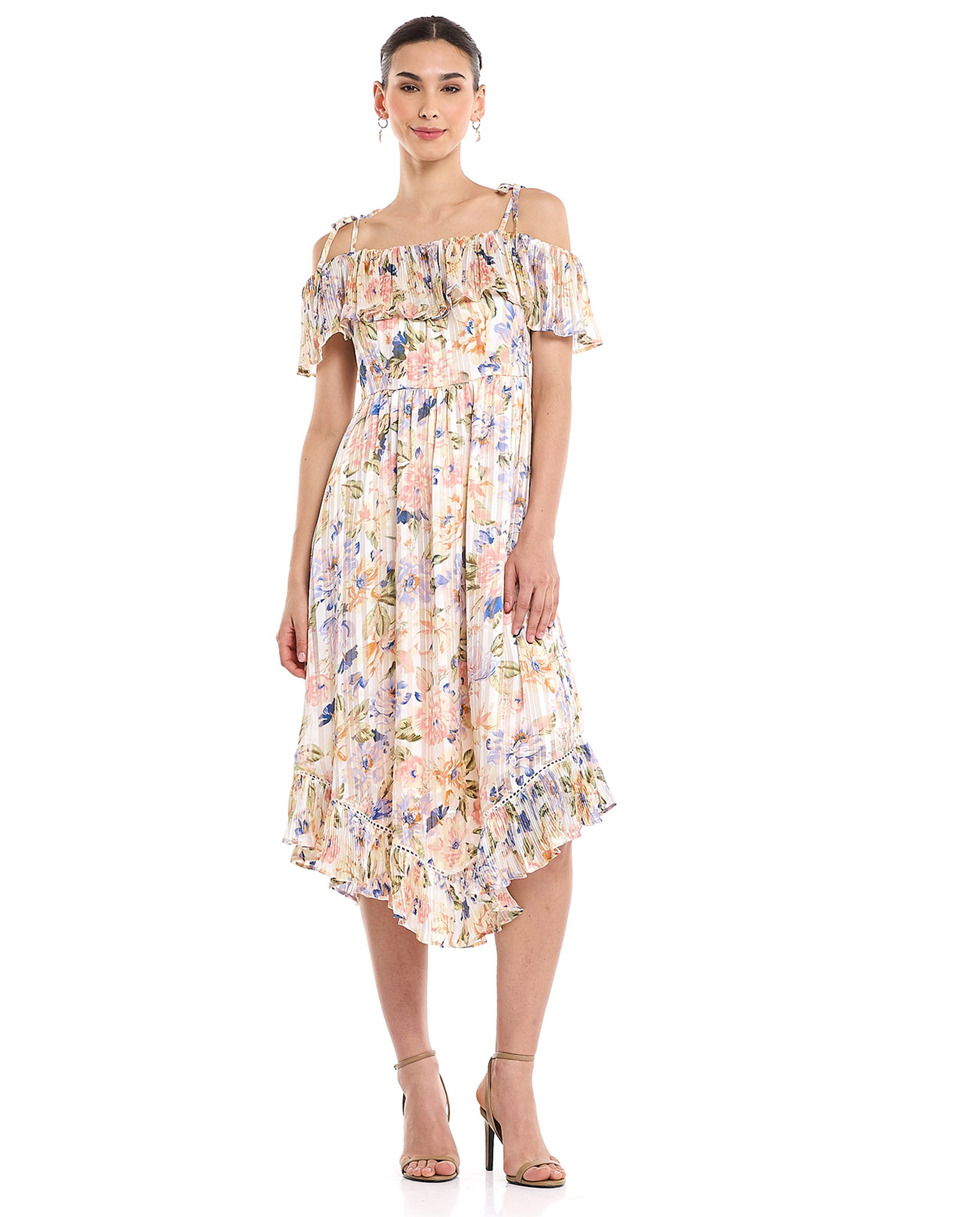 Floral Print Off Shoulder Asymmetric Dress