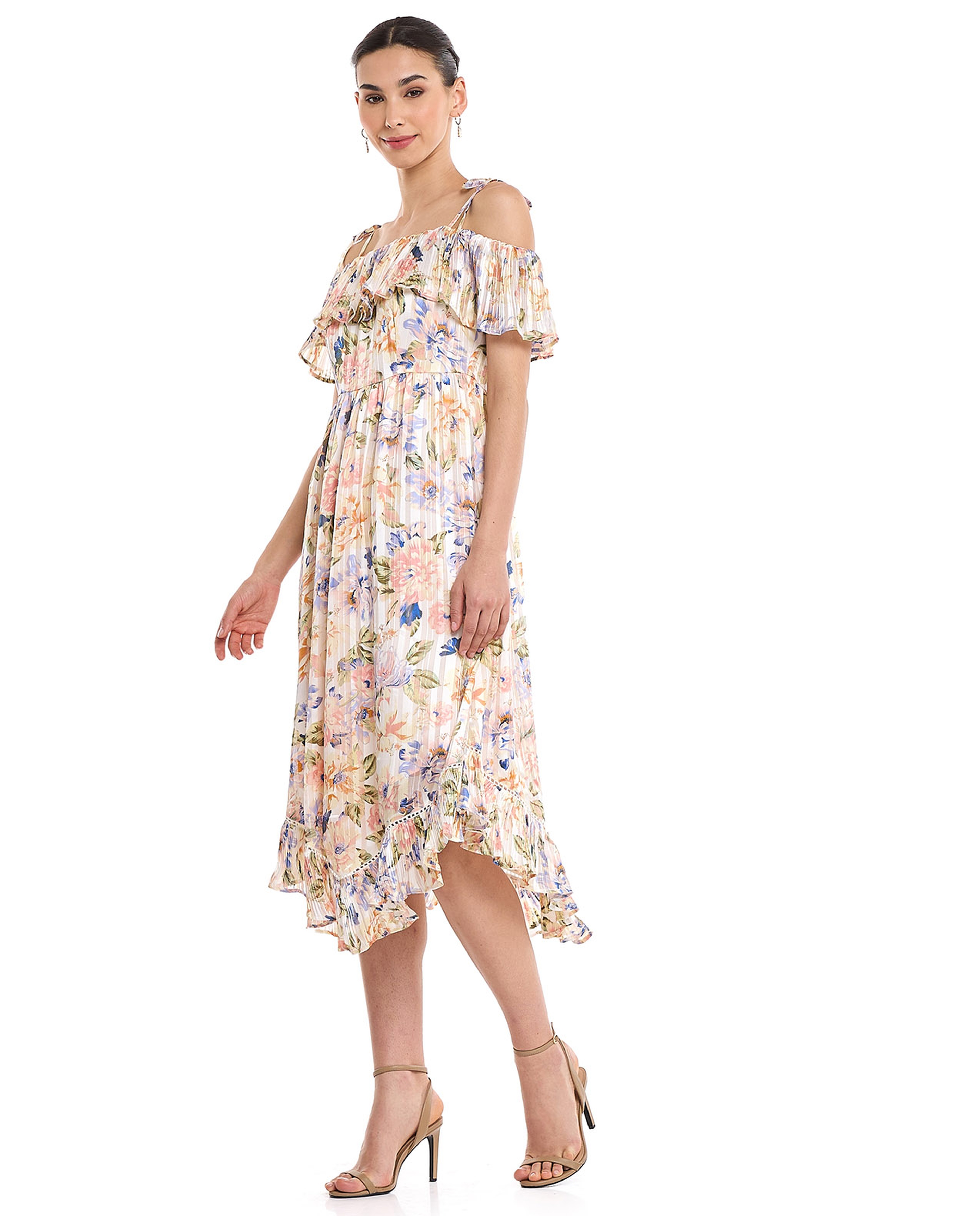 Floral Print Off Shoulder Asymmetric Dress