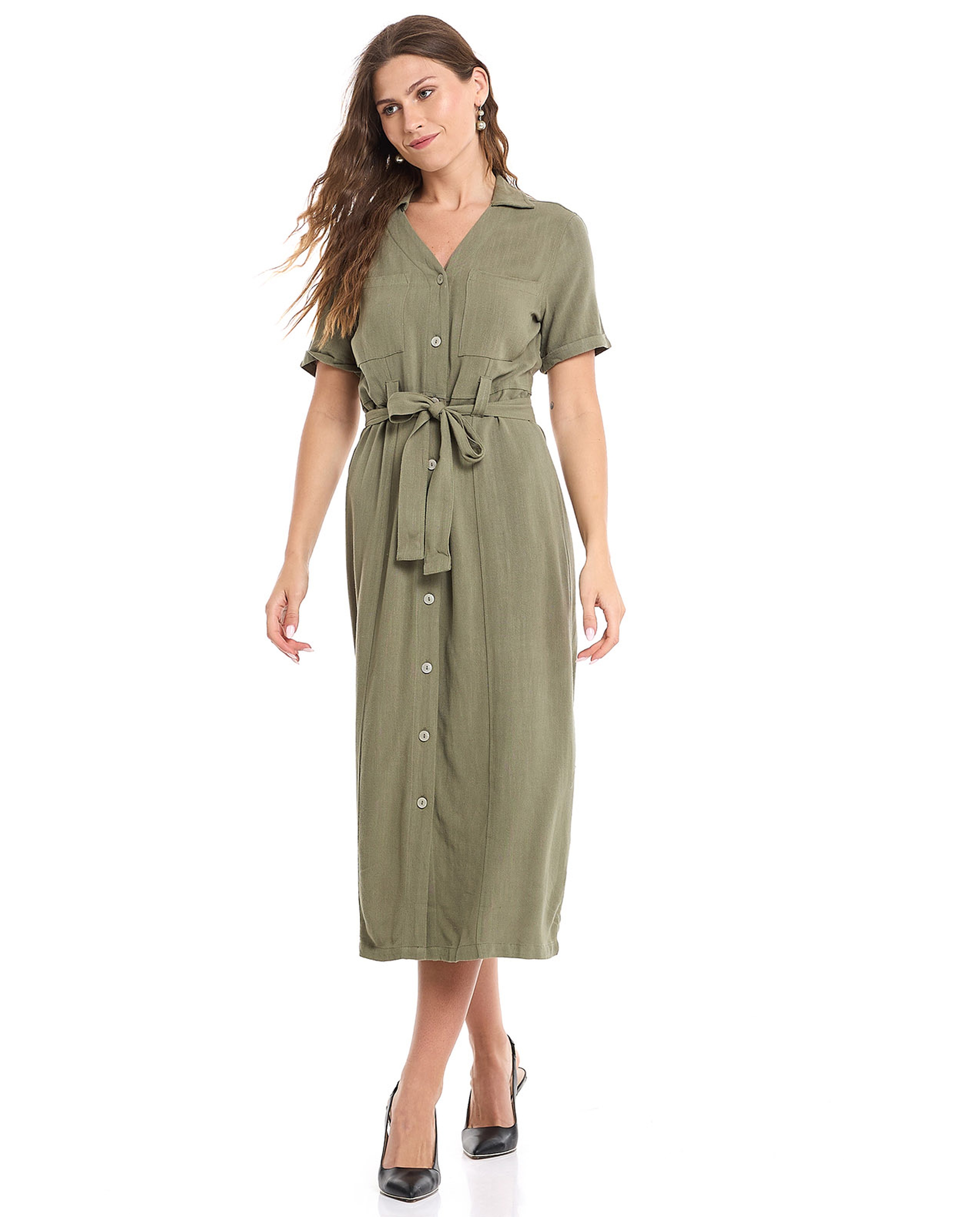 Solid Shirt Dress with Short Sleeves