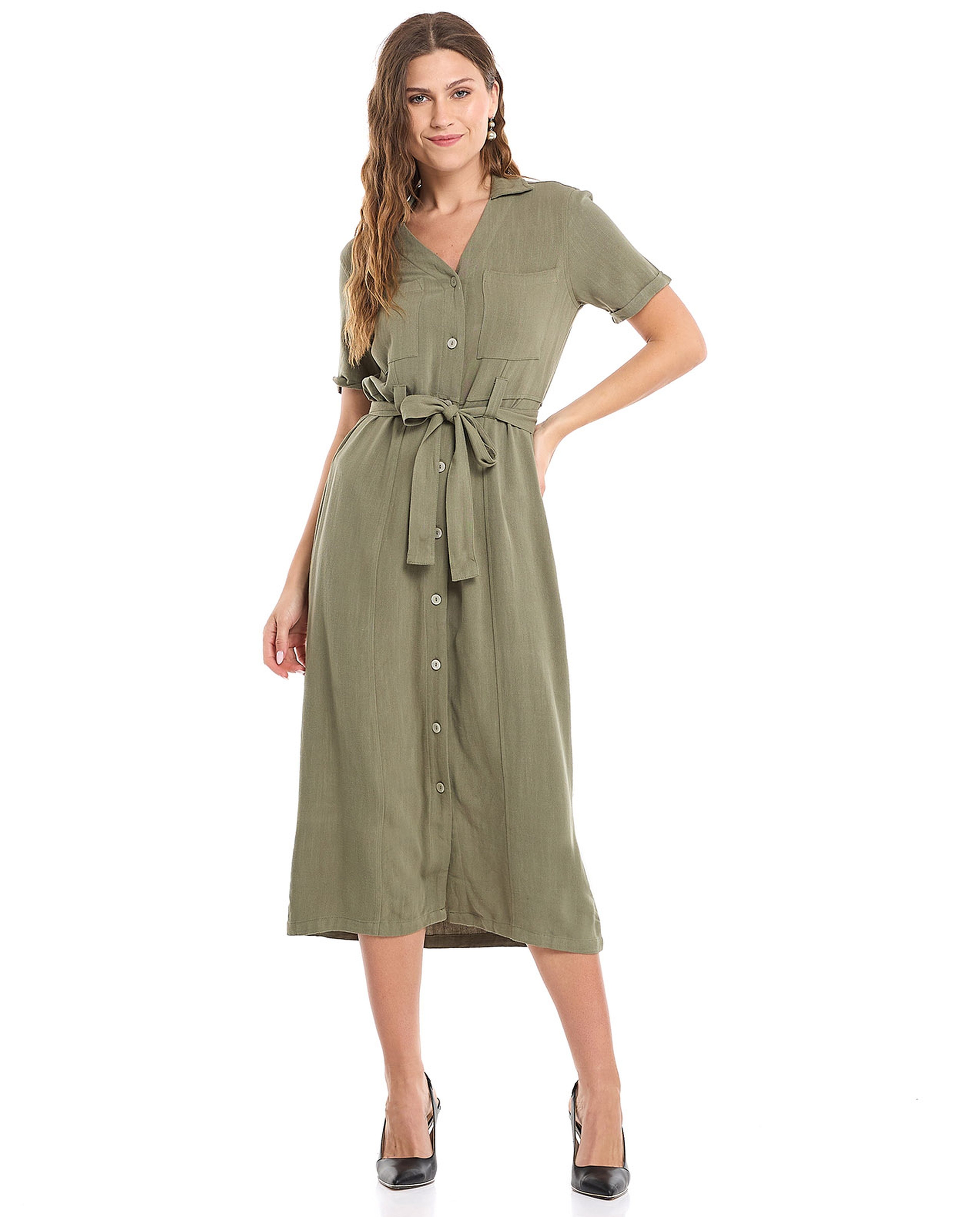 Solid Shirt Dress with Short Sleeves
