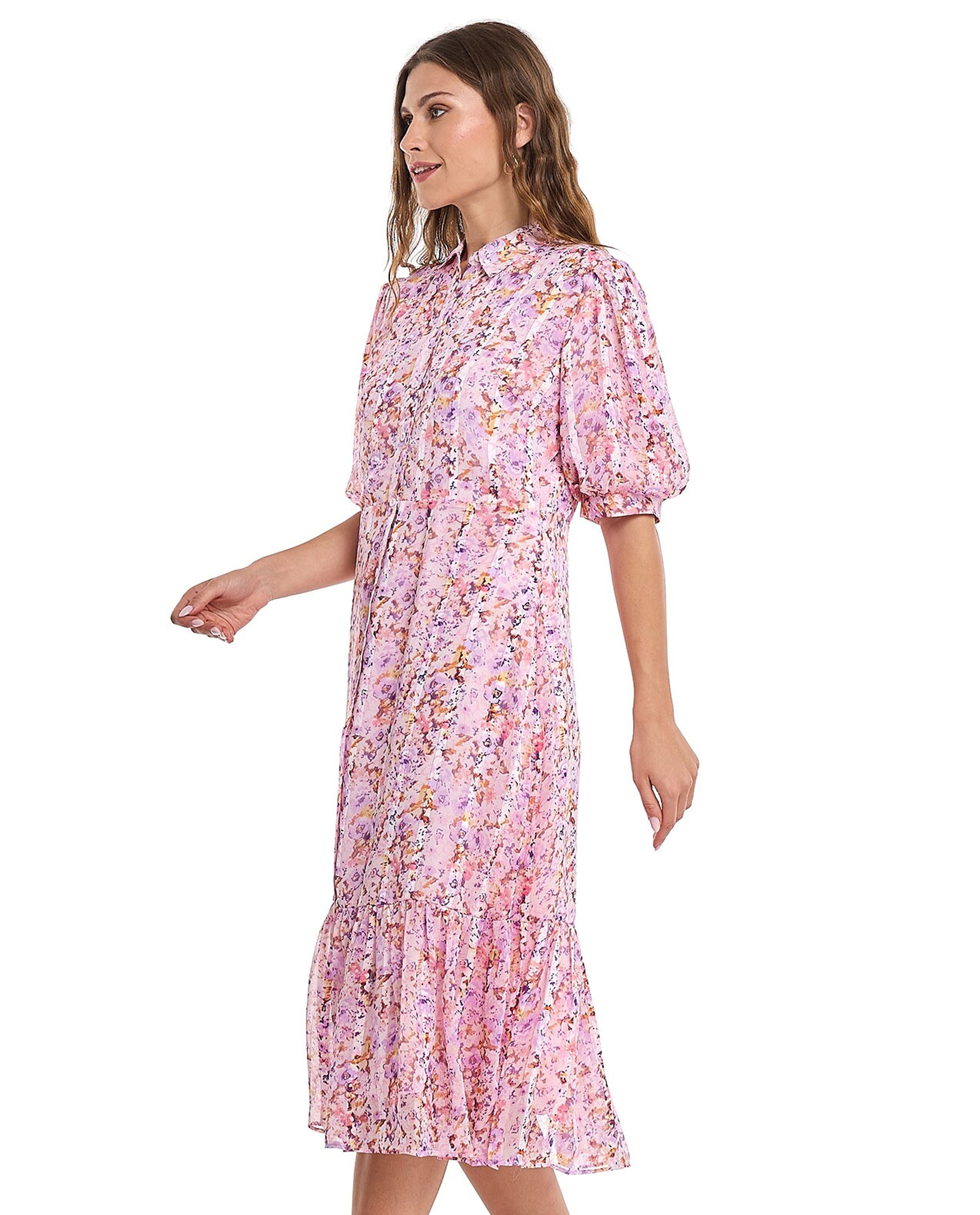 Printed Shirt Dress with Puff Sleeves