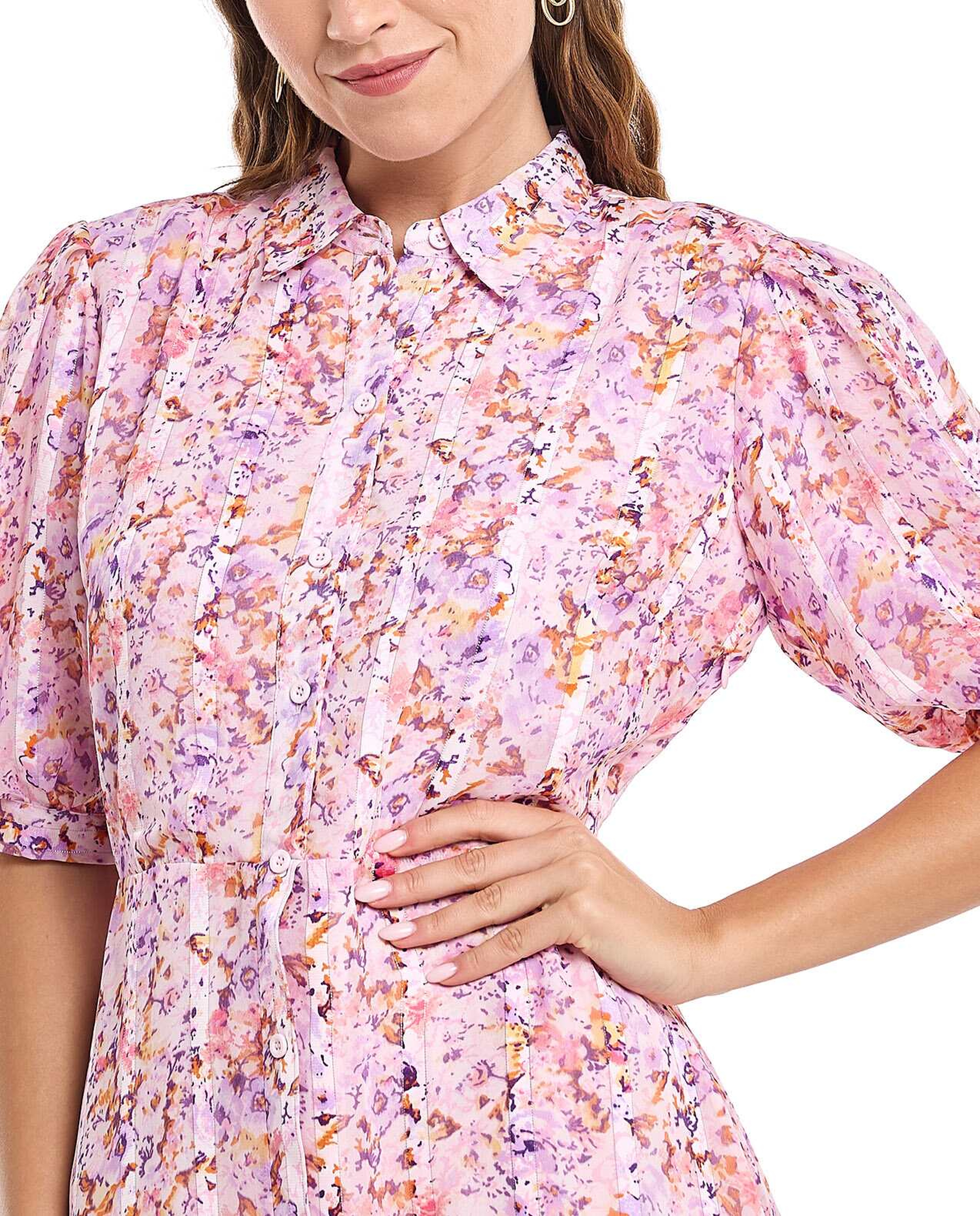 Printed Shirt Dress with Puff Sleeves