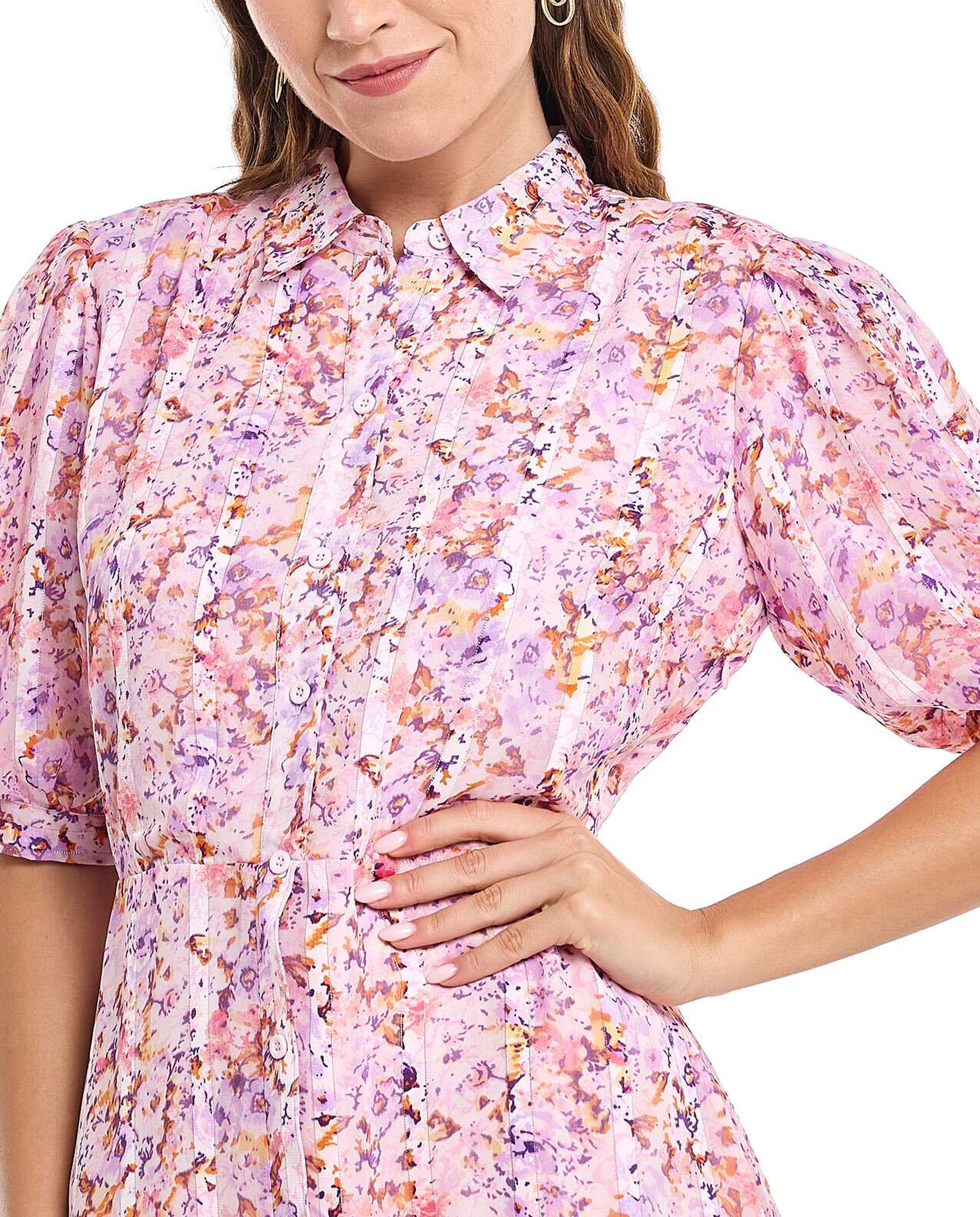 Printed Shirt Dress with Puff Sleeves