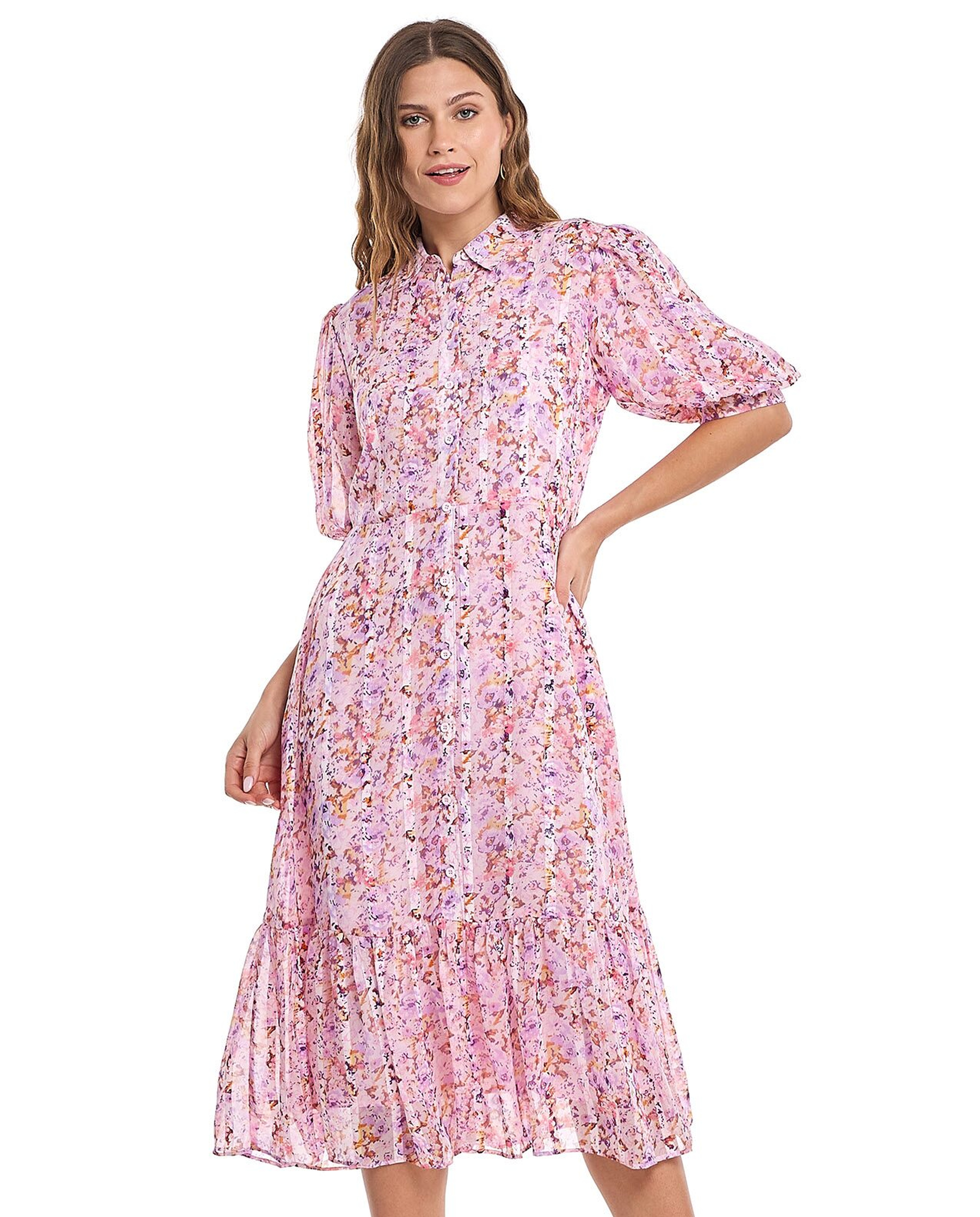 Printed Shirt Dress with Puff Sleeves