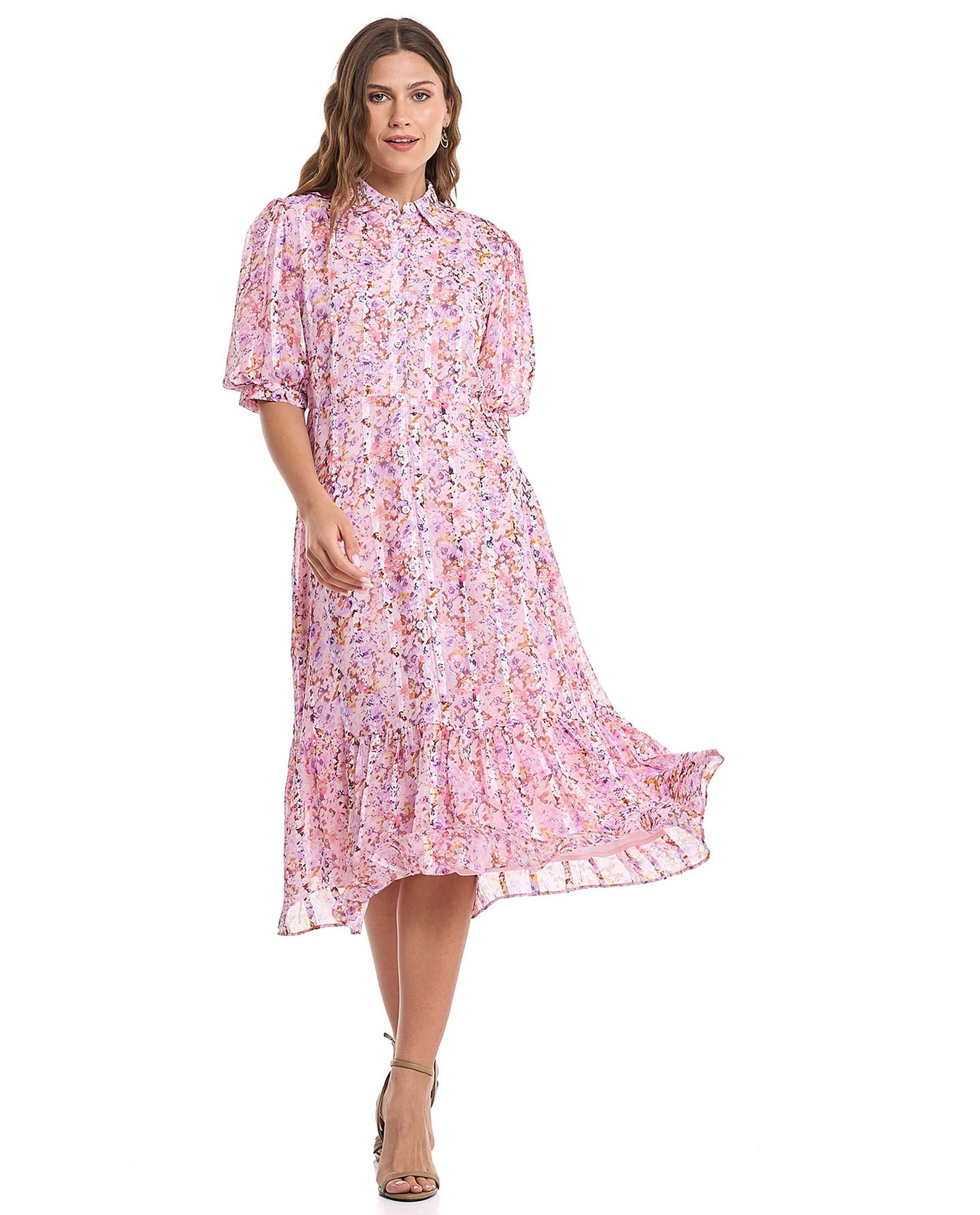 Printed Shirt Dress with Puff Sleeves