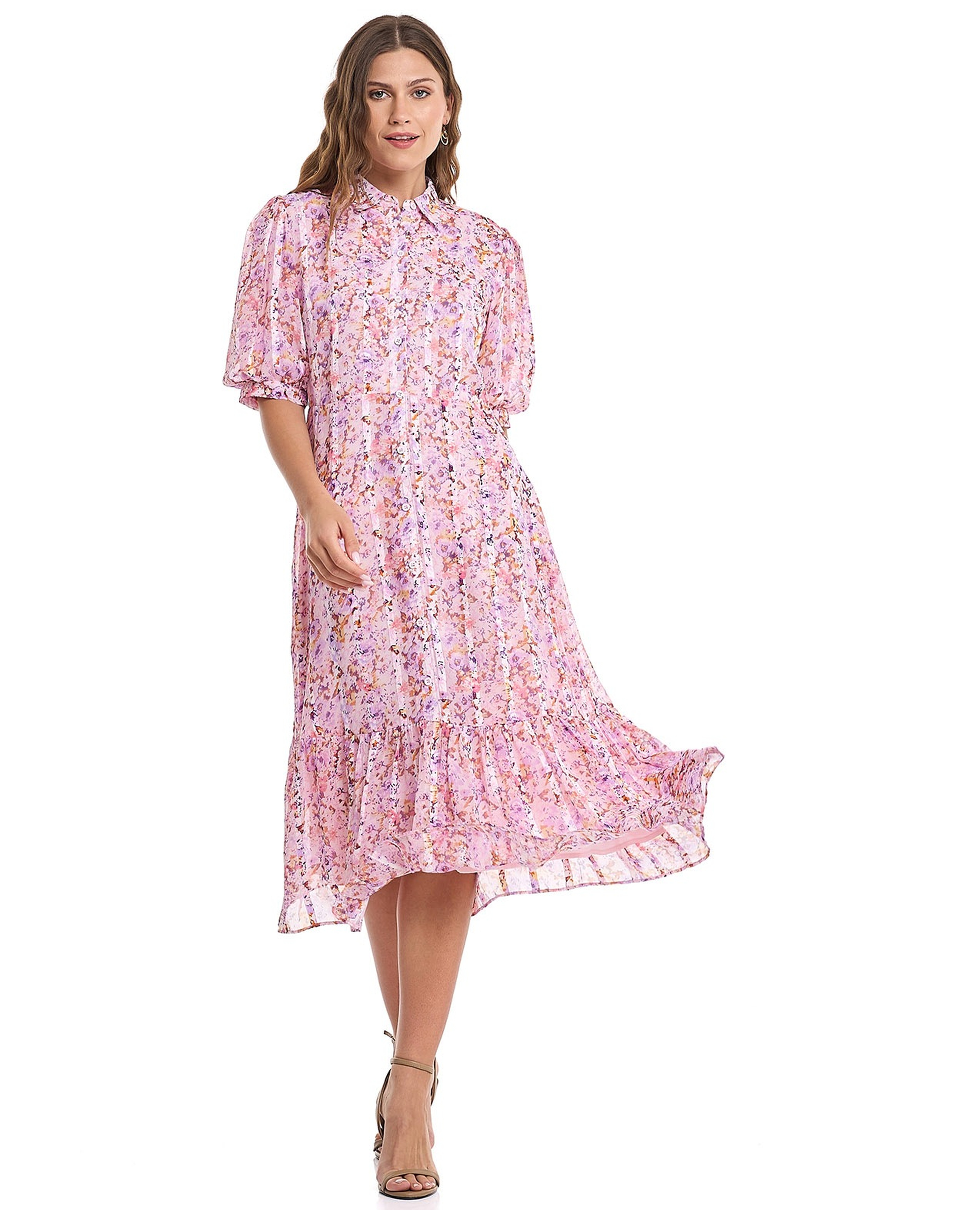 Printed Shirt Dress with Puff Sleeves