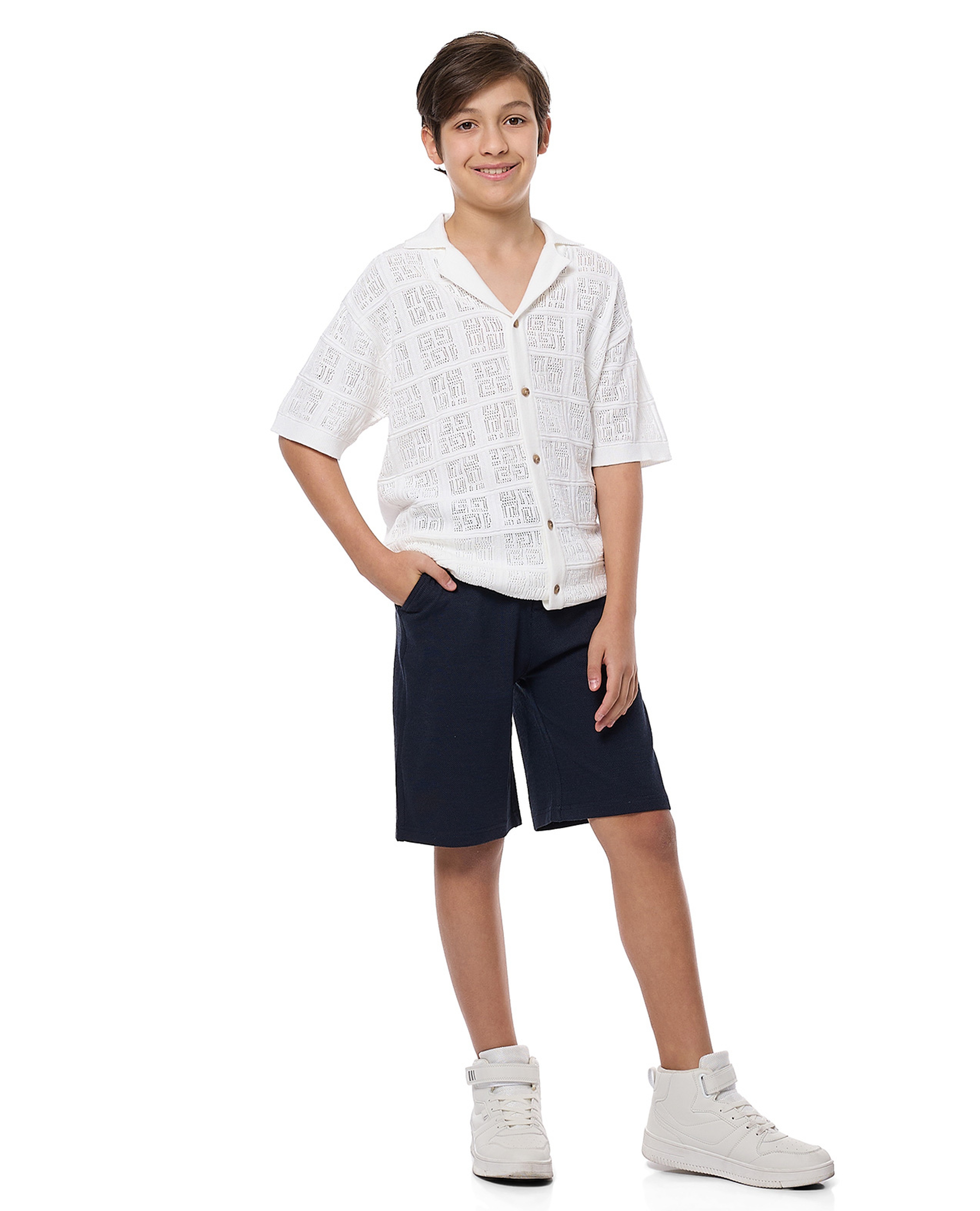 Knitted Shirt with Lapel Collar and Short Sleeves