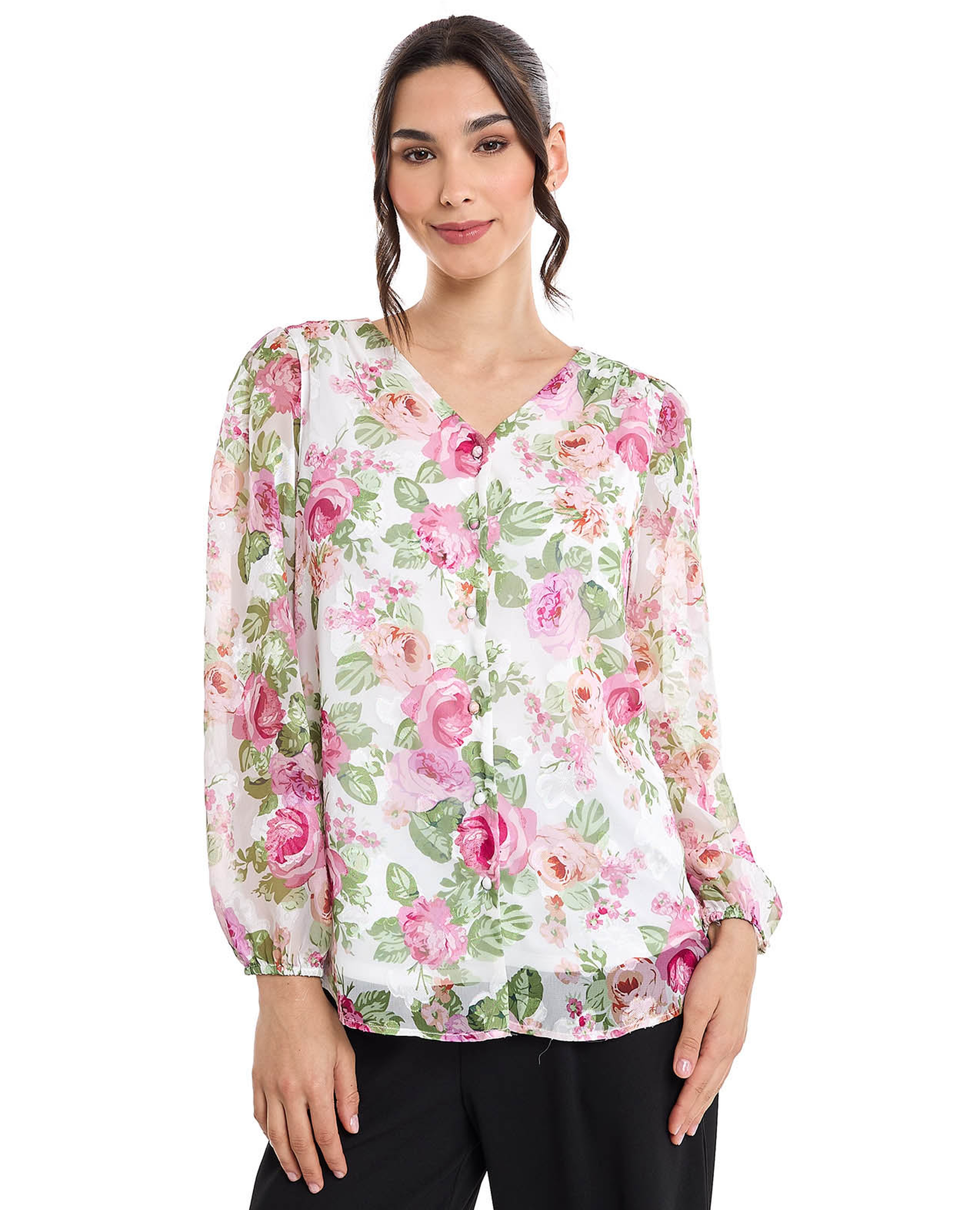 توب بنقشة أزهار بياقة سويتهارت وأكمام منتفخة