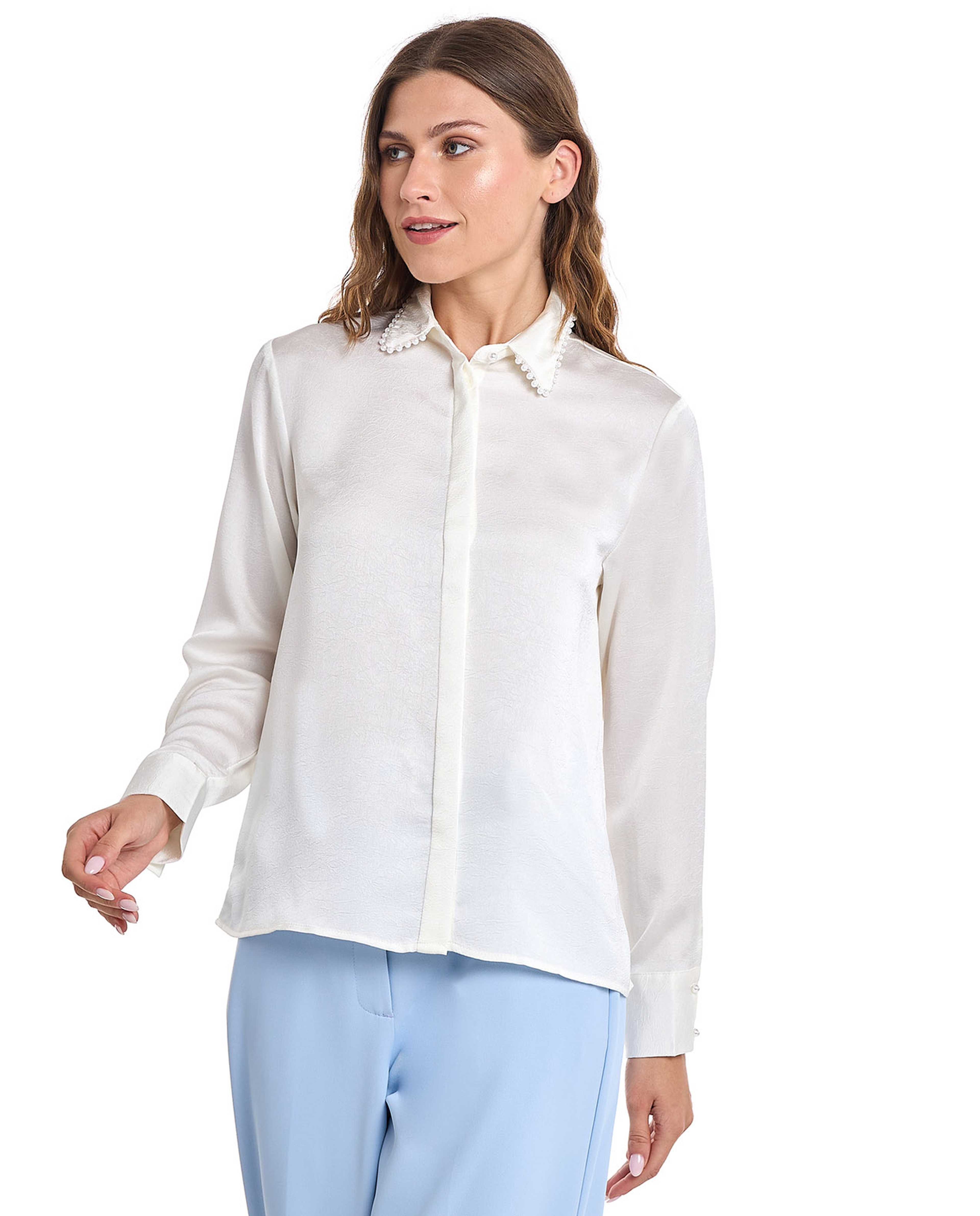 Solid Shirt with Classic Collar and Long Sleeves