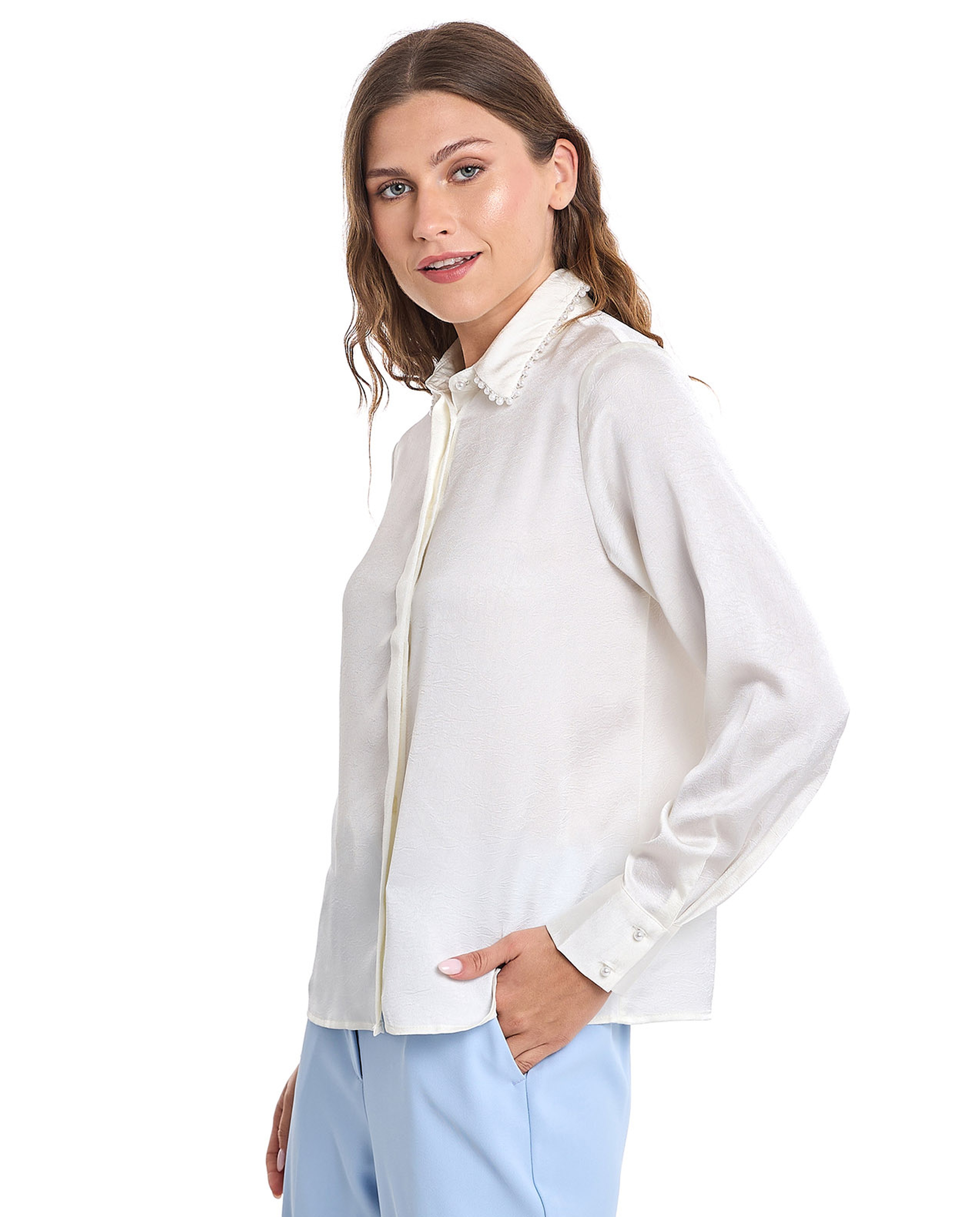 Solid Shirt with Classic Collar and Long Sleeves