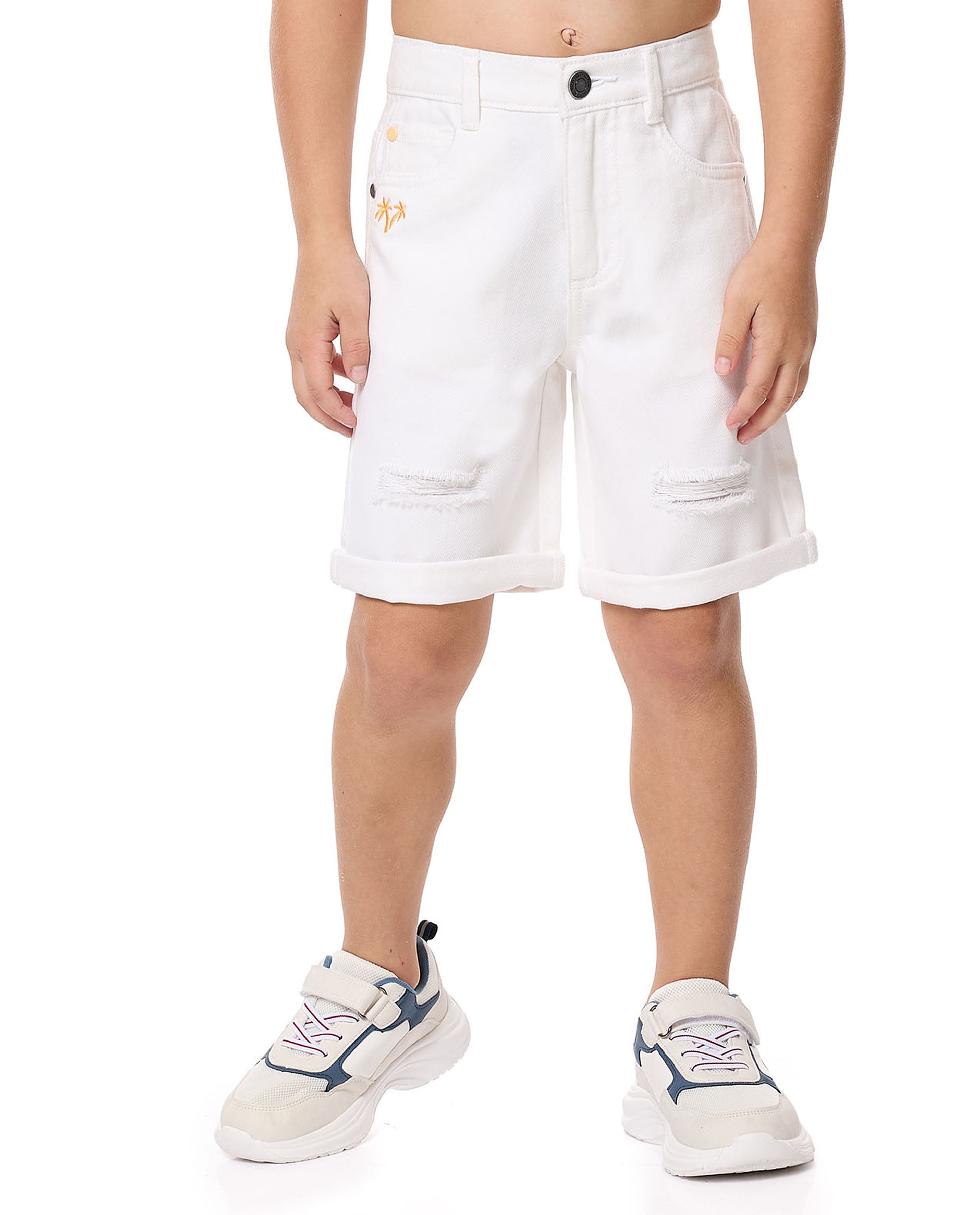 Embroidery Detail Denim Shorts with Button Closure