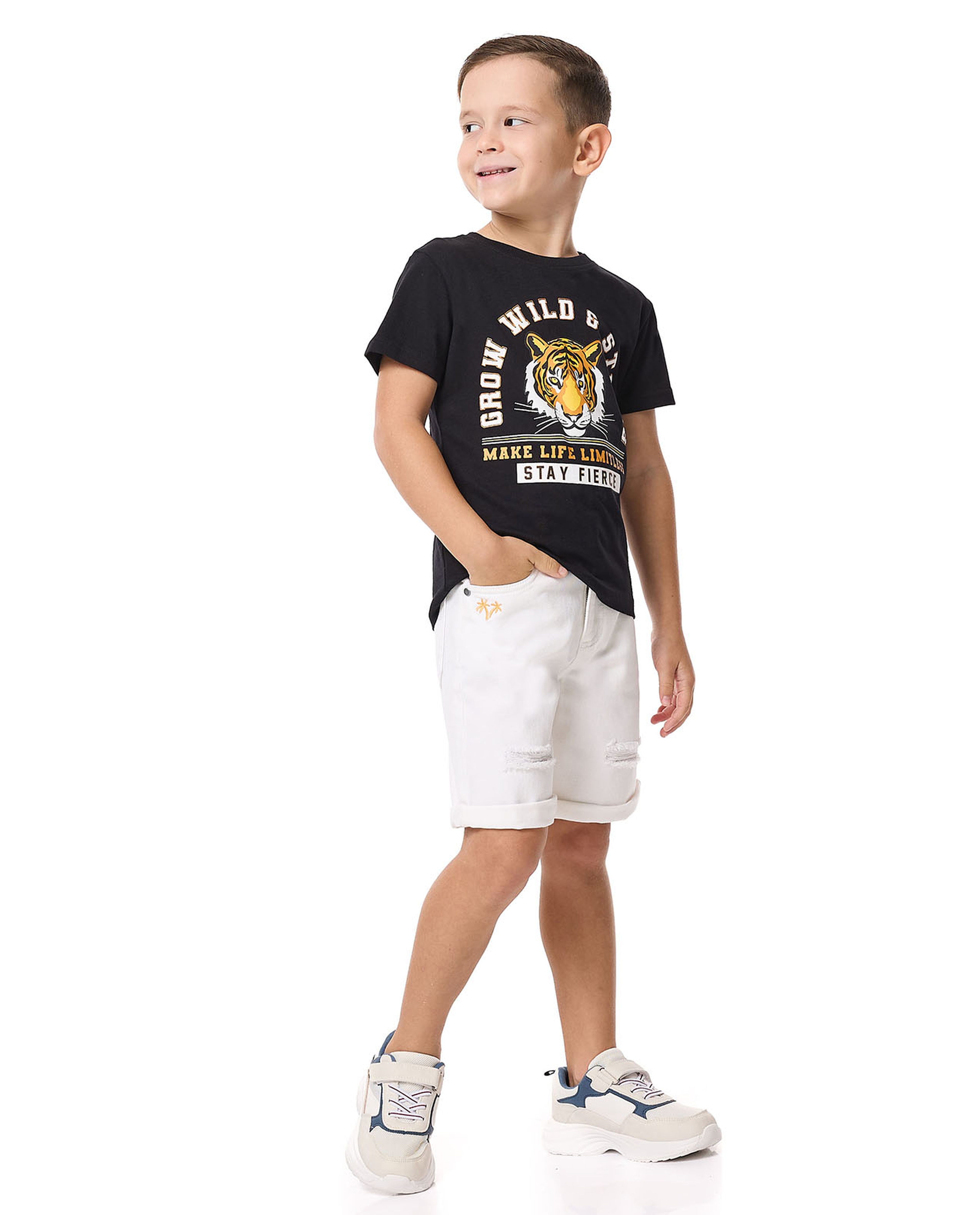 Embroidery Detail Denim Shorts with Button Closure