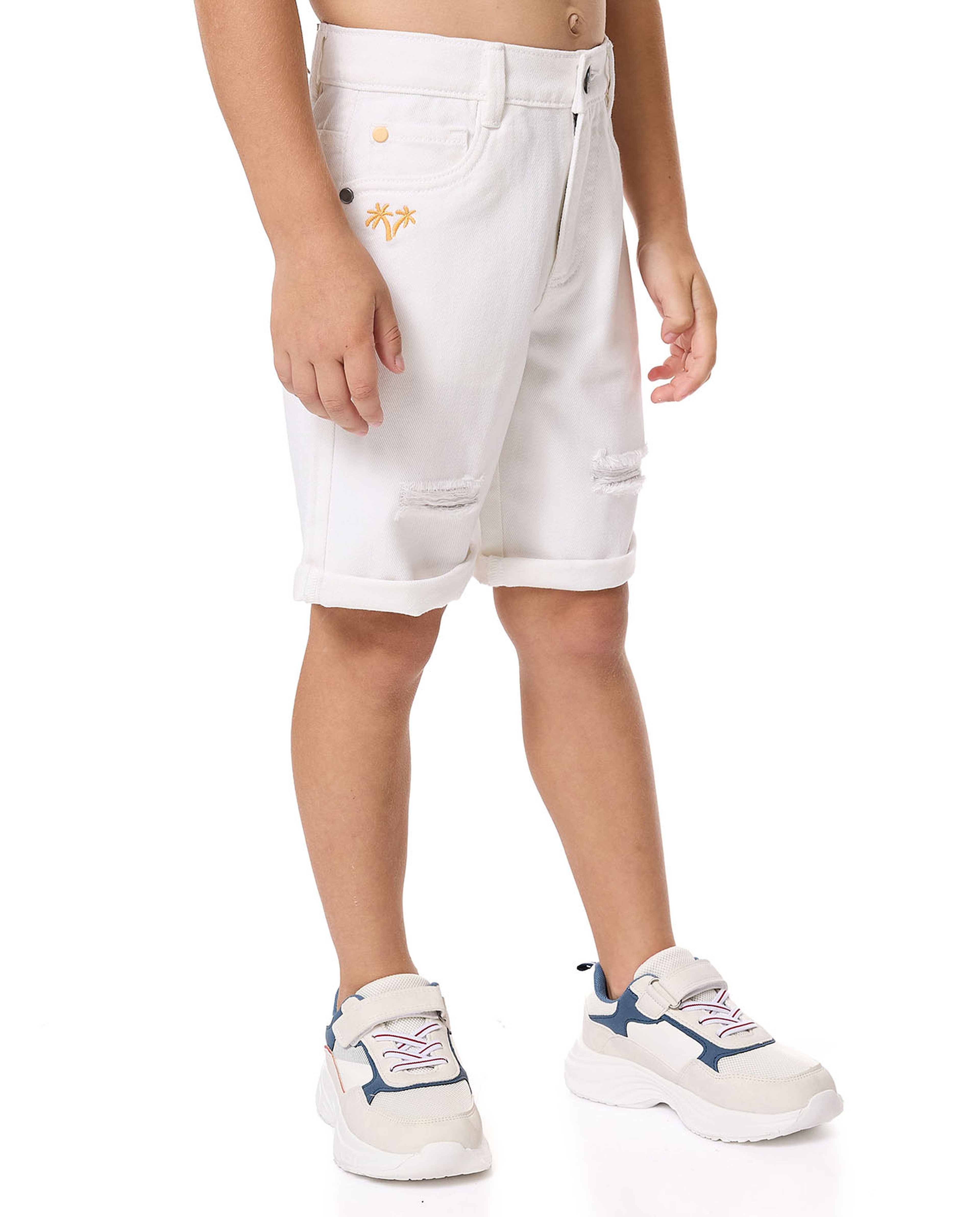 Embroidery Detail Denim Shorts with Button Closure