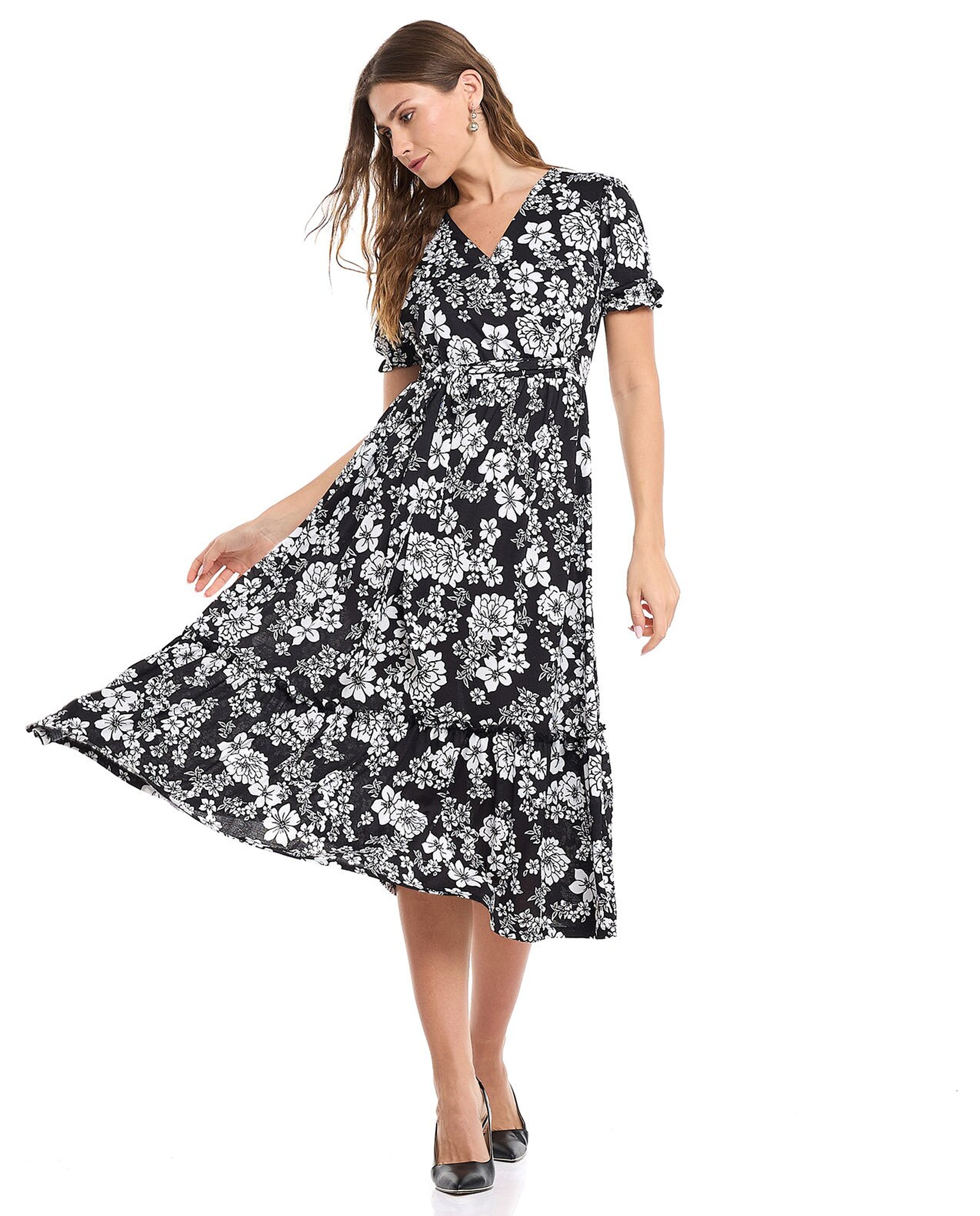 Floral Print A-Line Dress with V-Neck and Puff Sleeves