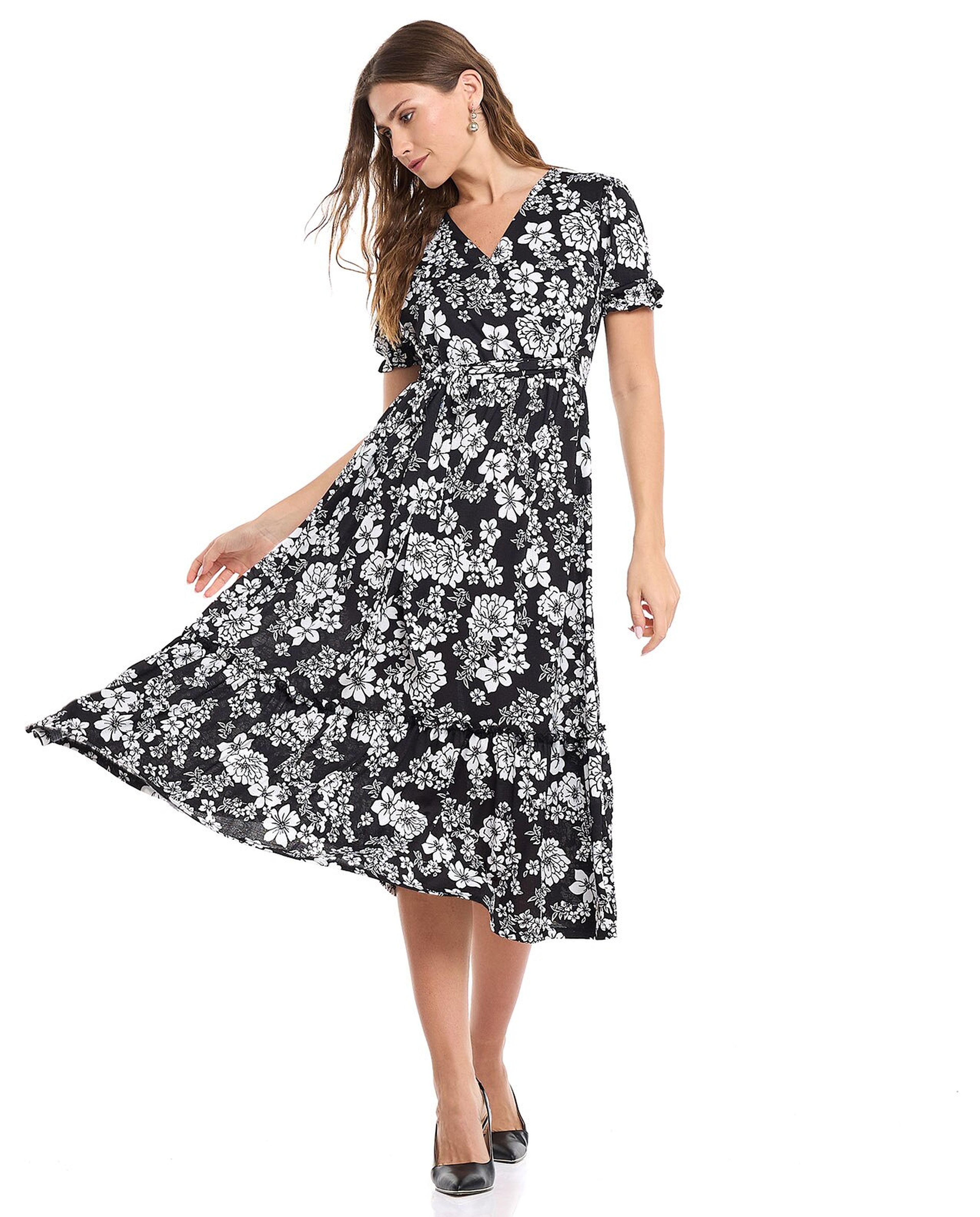 Floral Print A-Line Dress with V-Neck and Puff Sleeves