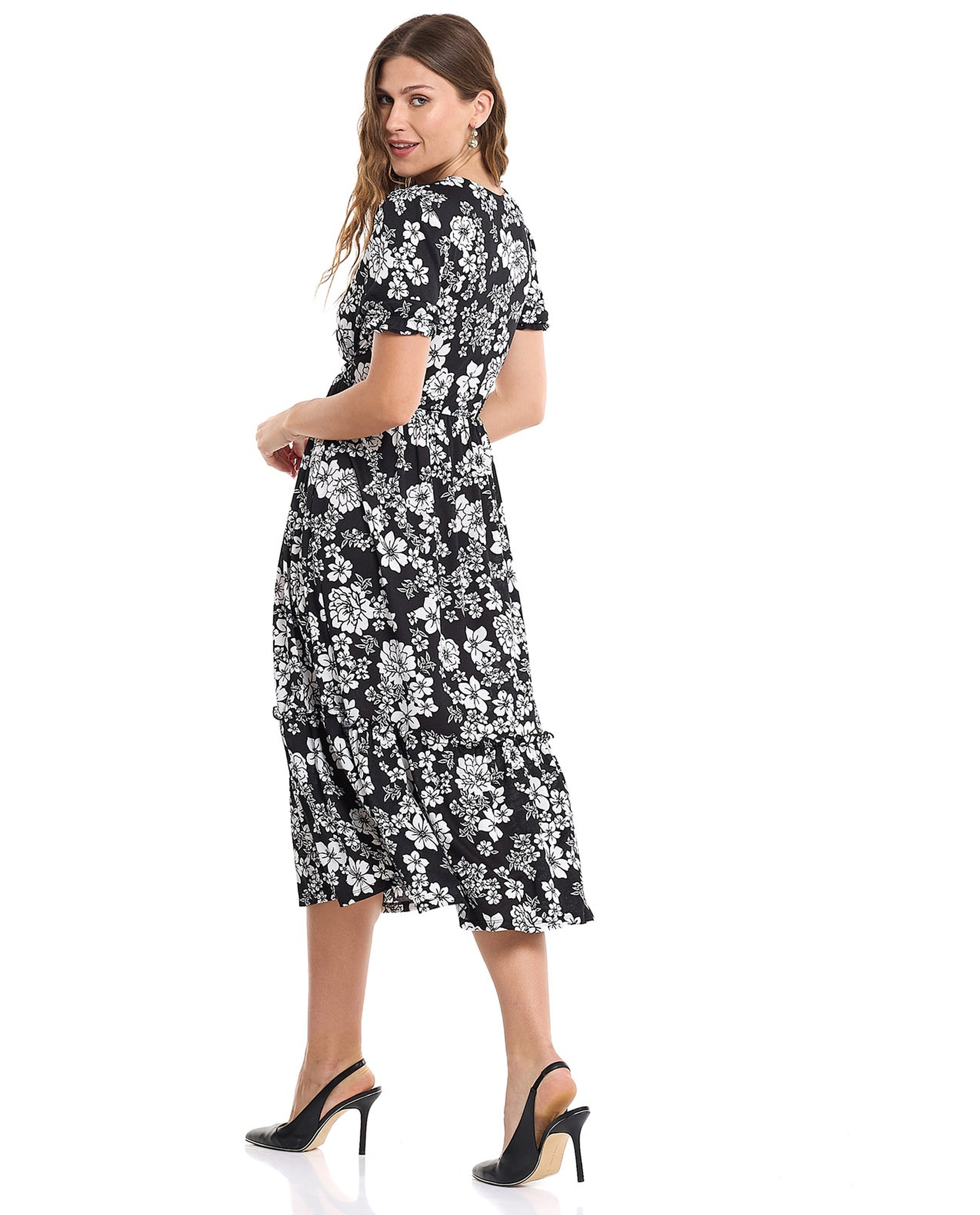 Floral Print A-Line Dress with V-Neck and Puff Sleeves