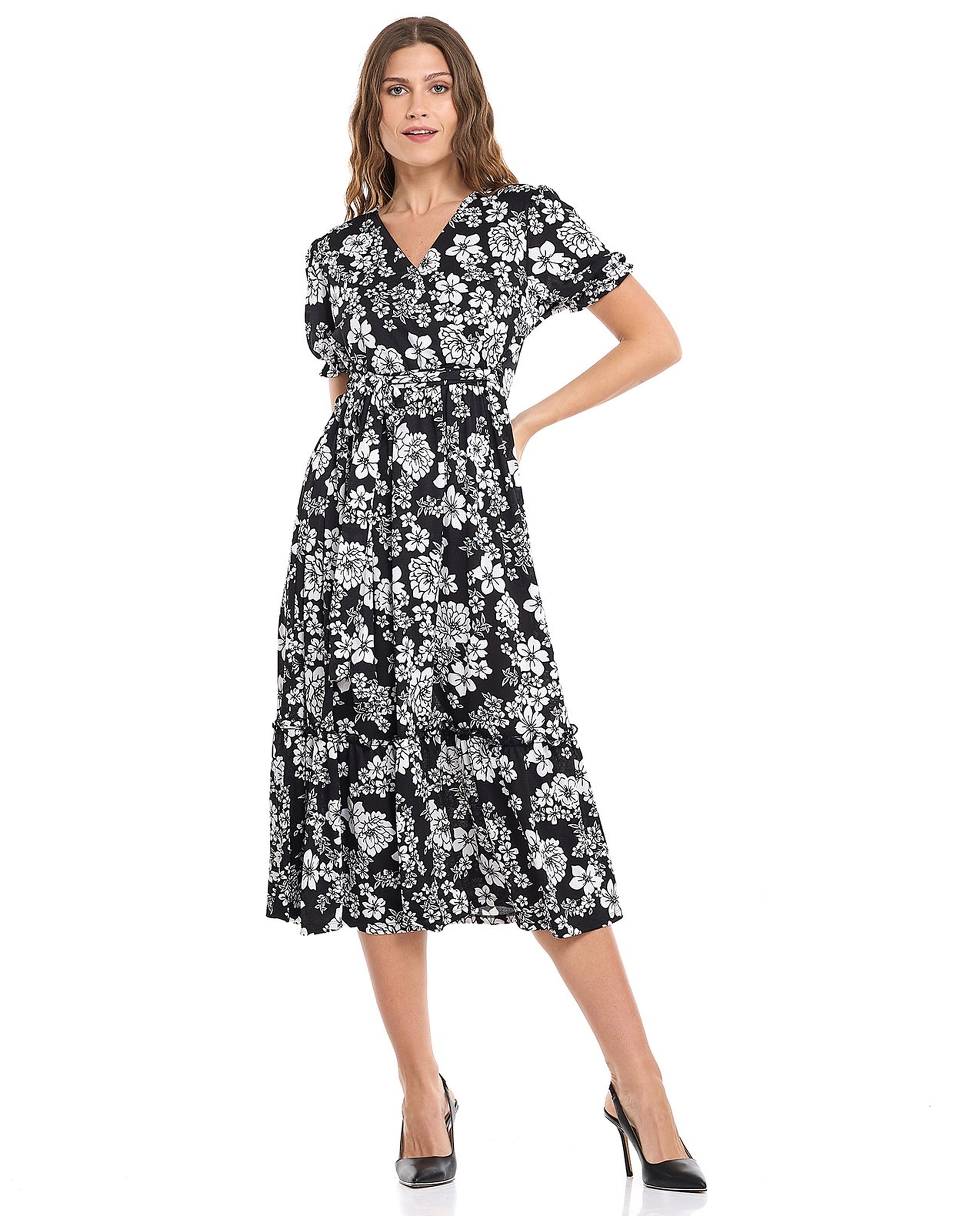 Floral Print A-Line Dress with V-Neck and Puff Sleeves