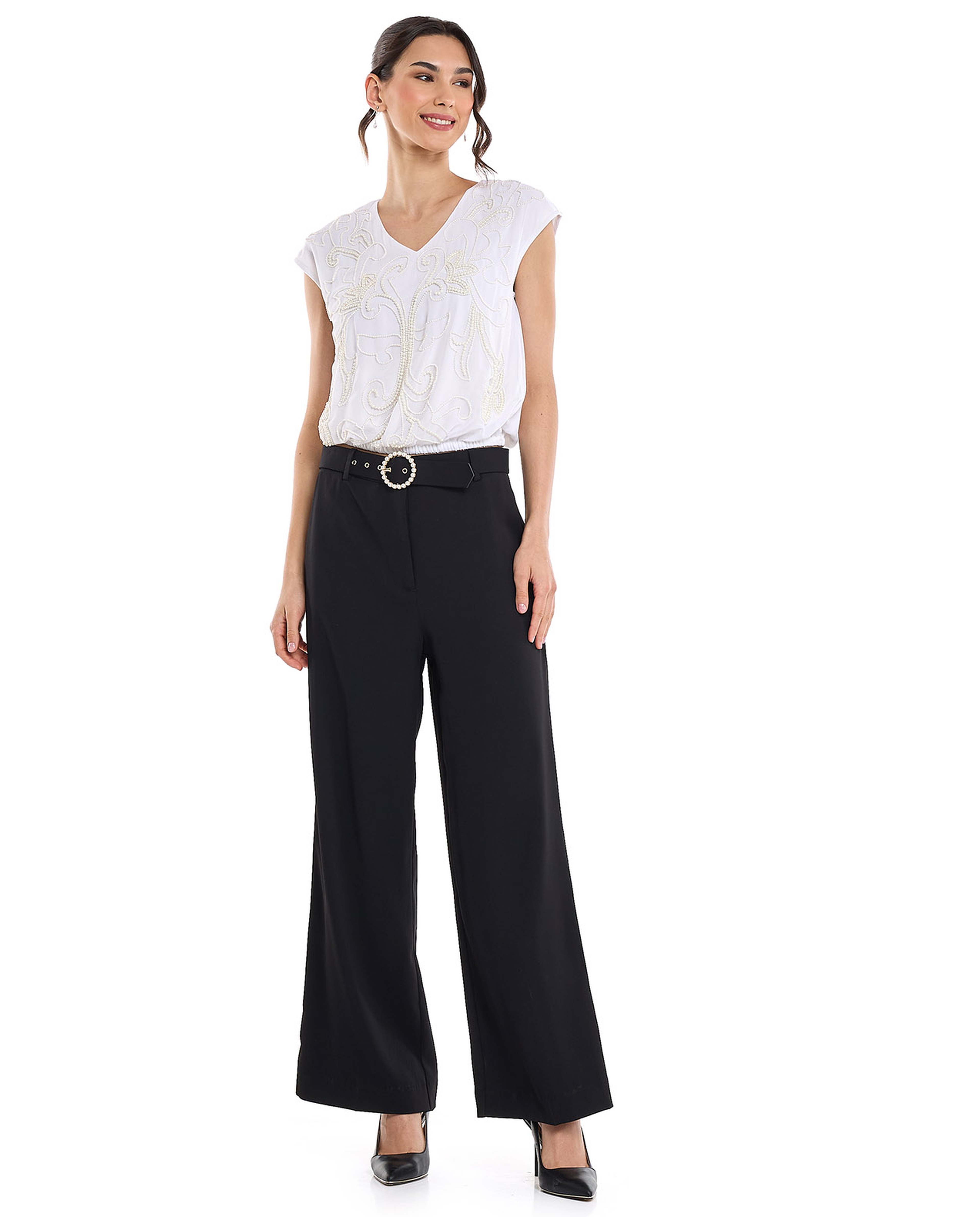 Embroidered Top with V-Neck and Cap Sleeves