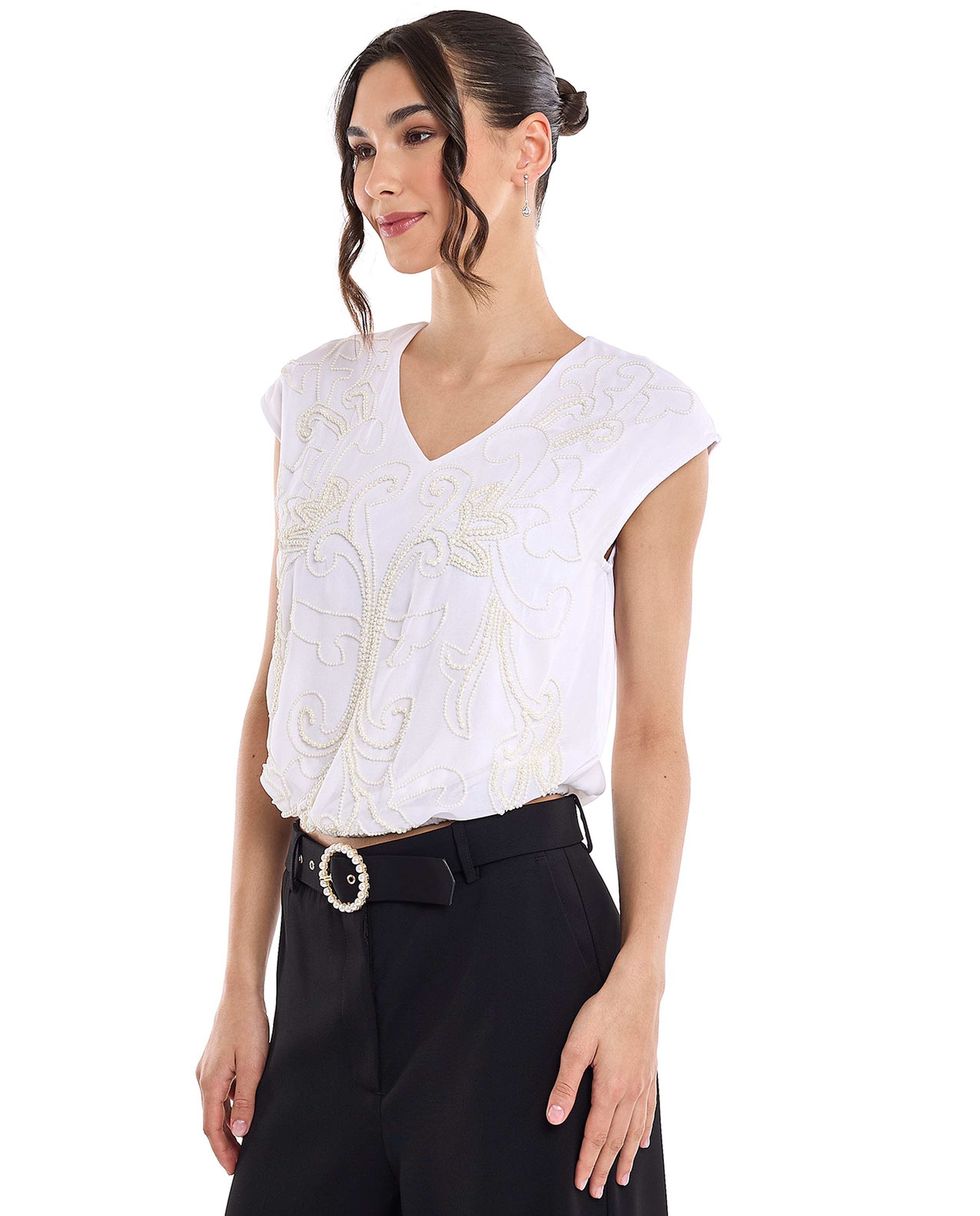 Embroidered Top with V-Neck and Cap Sleeves