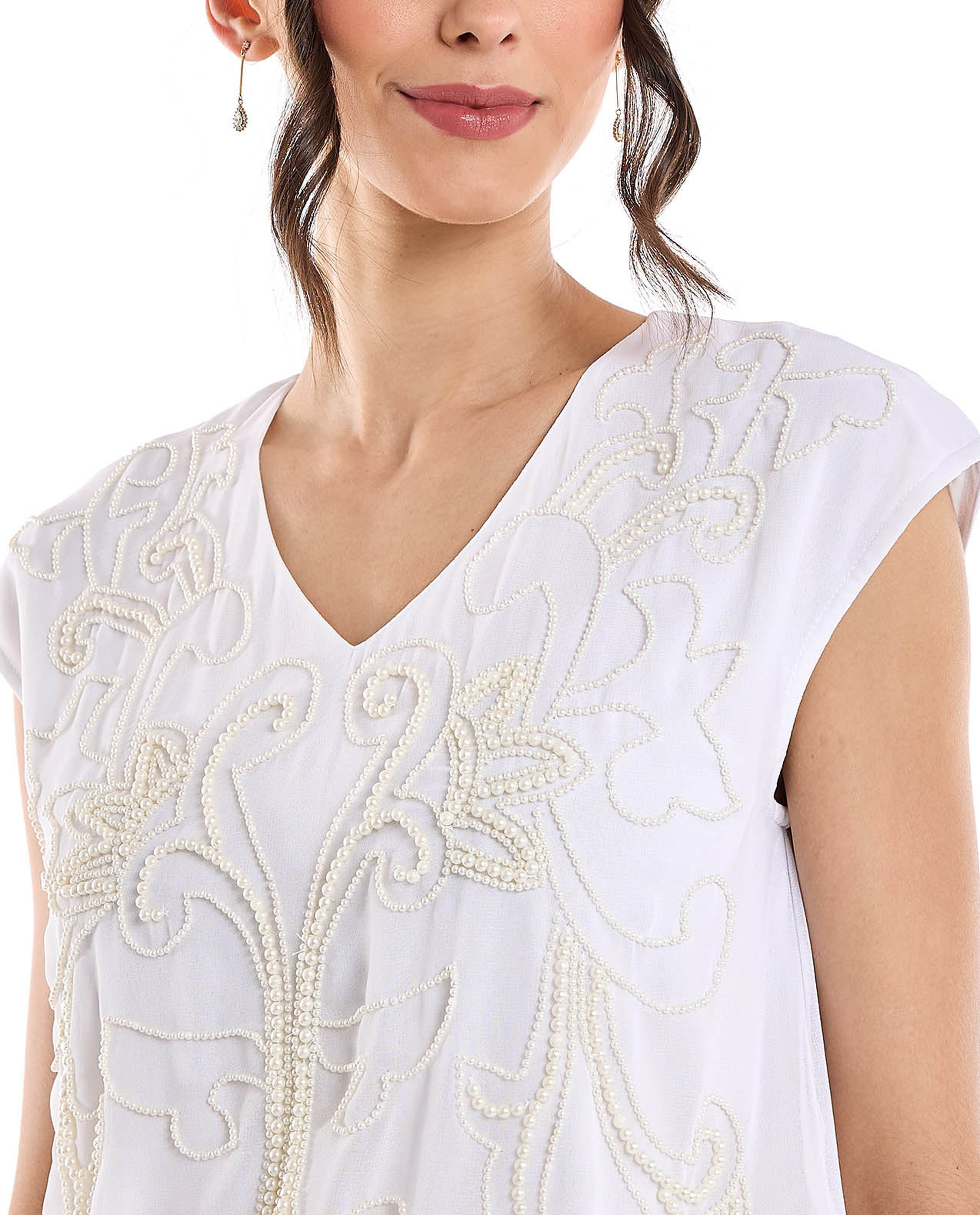 Embroidered Top with V-Neck and Cap Sleeves