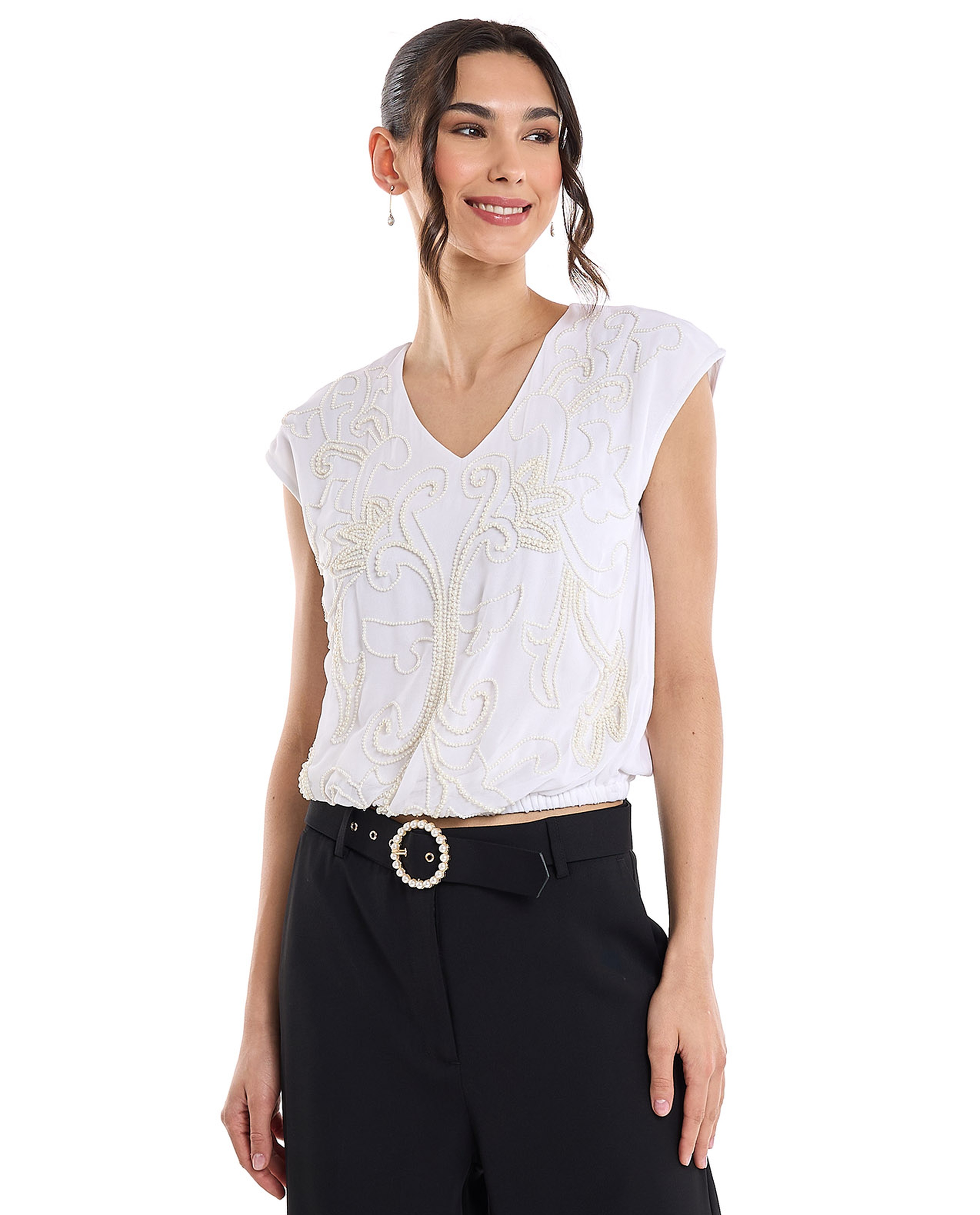 Embroidered Top with V-Neck and Cap Sleeves